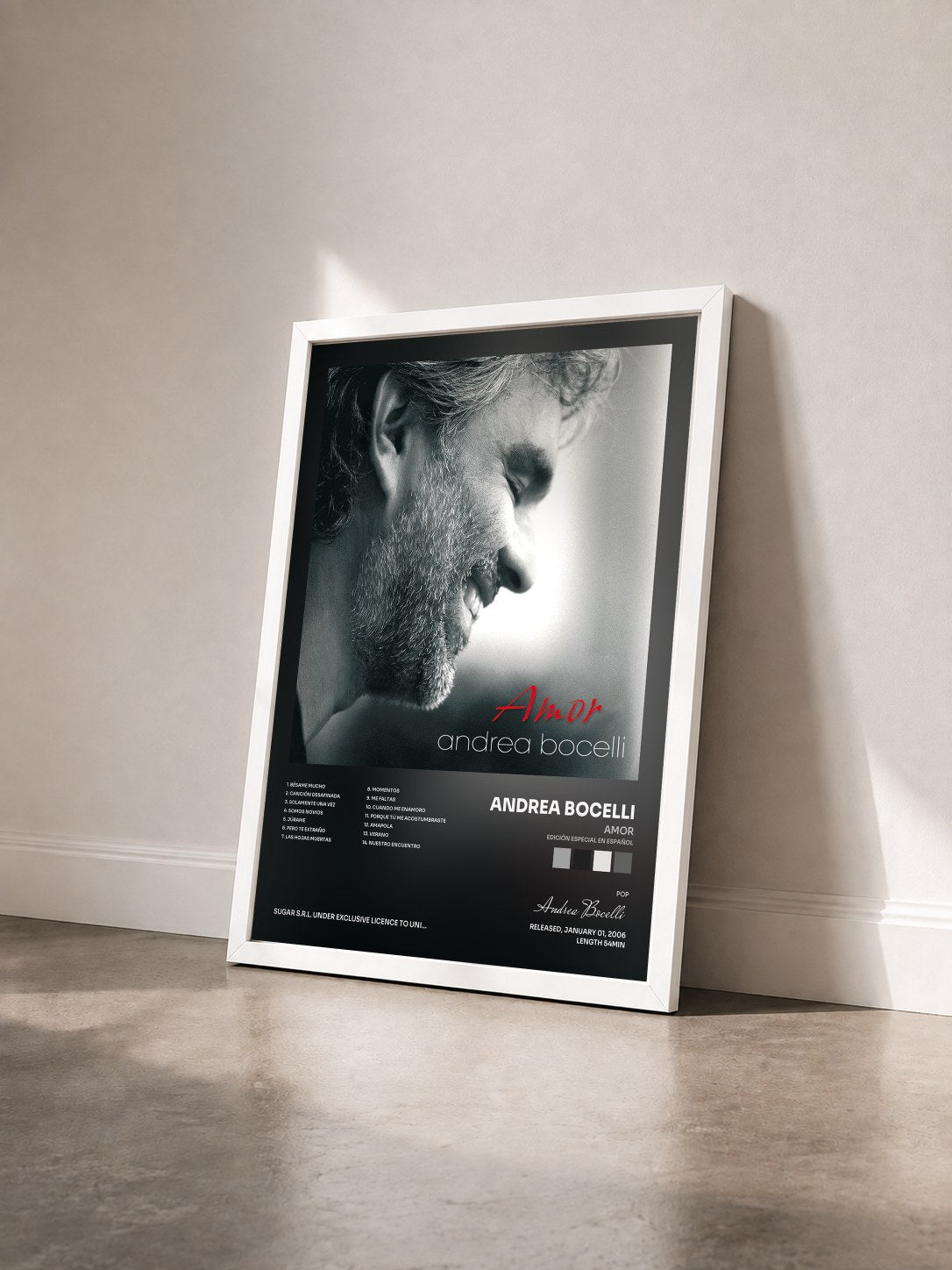 #blanc Tableau de l'album Amor (Edición Especial En Español) de Andrea Bocelli vu de trois quarts, cadre blanc