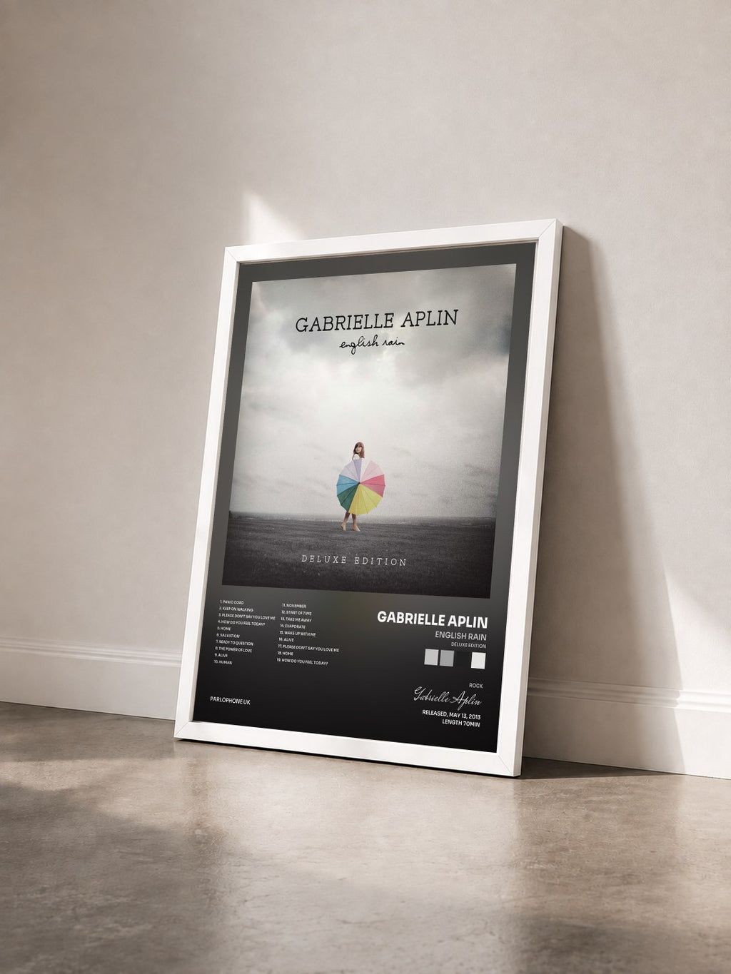 #blanc Tableau de l'album English Rain (Deluxe Edition) de Gabrielle Aplin vu de trois quarts, cadre blanc