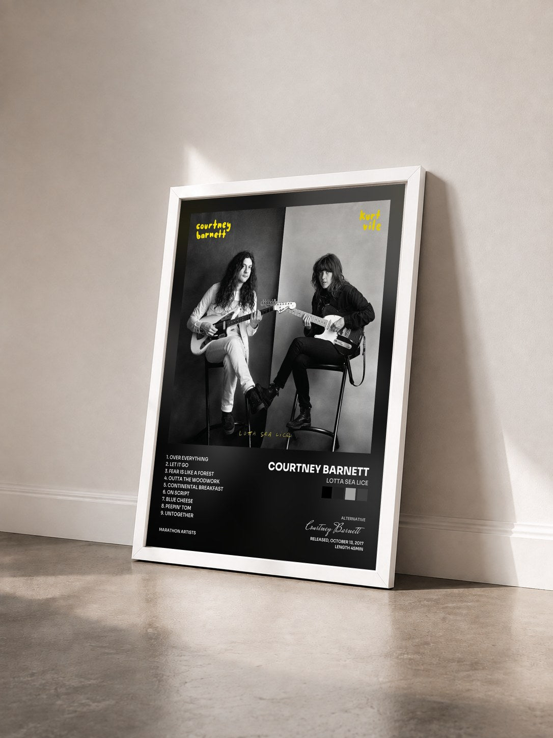 #blanc Tableau de l'album Lotta Sea Lice de Courtney Barnett vu de trois quarts, cadre blanc