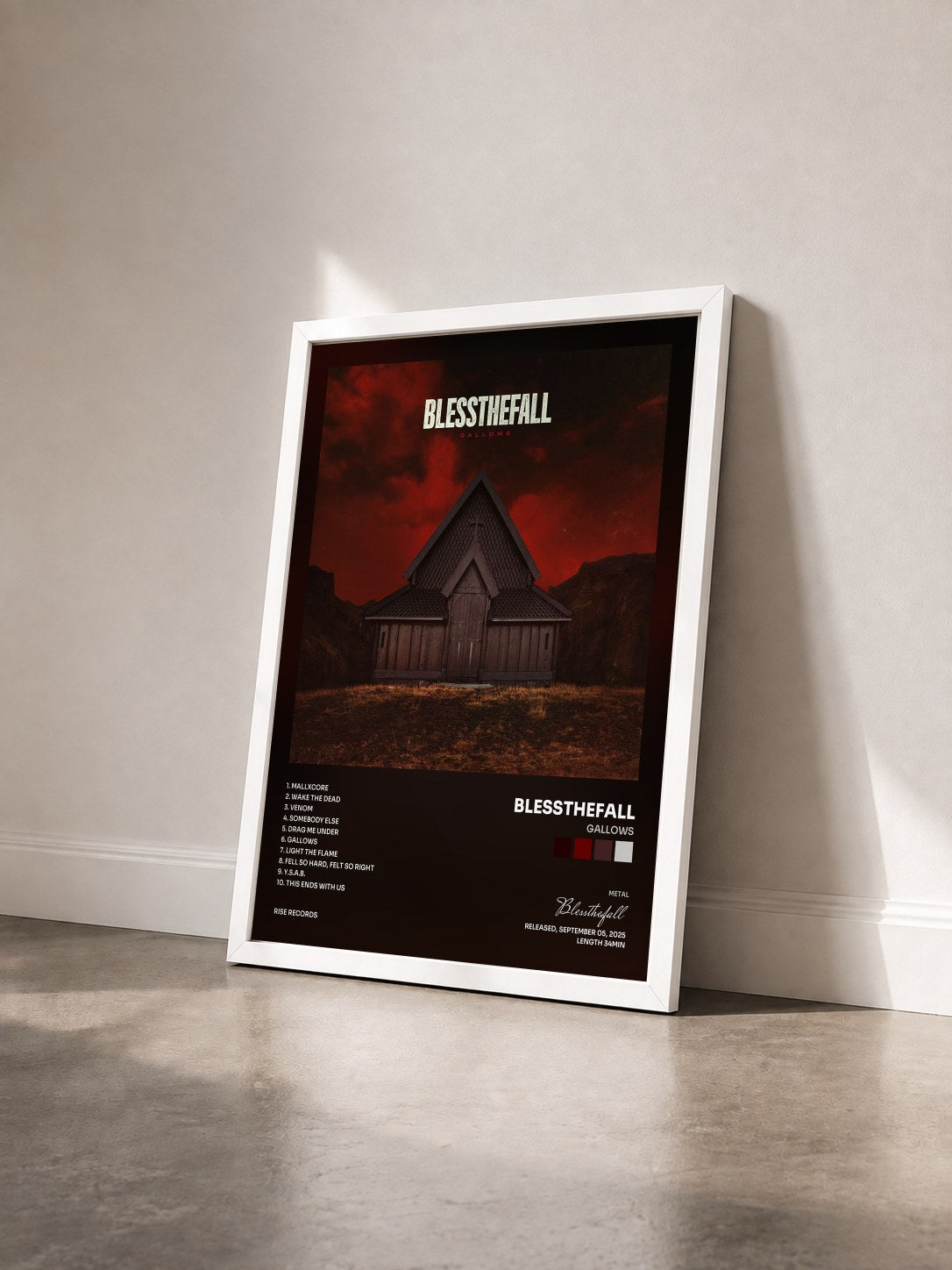 #blanc Tableau de l'album GALLOWS de Blessthefall vu de trois quarts, cadre blanc