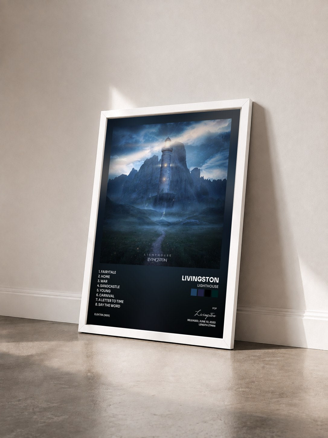 #blanc Tableau de l'album Lighthouse de Livingston vu de trois quarts, cadre blanc