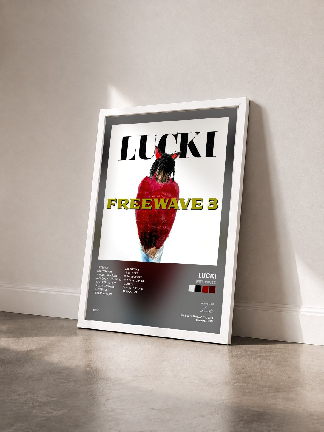 #blanc Tableau de l'album Freewave 3 de Lucki vu de trois quarts, cadre blanc