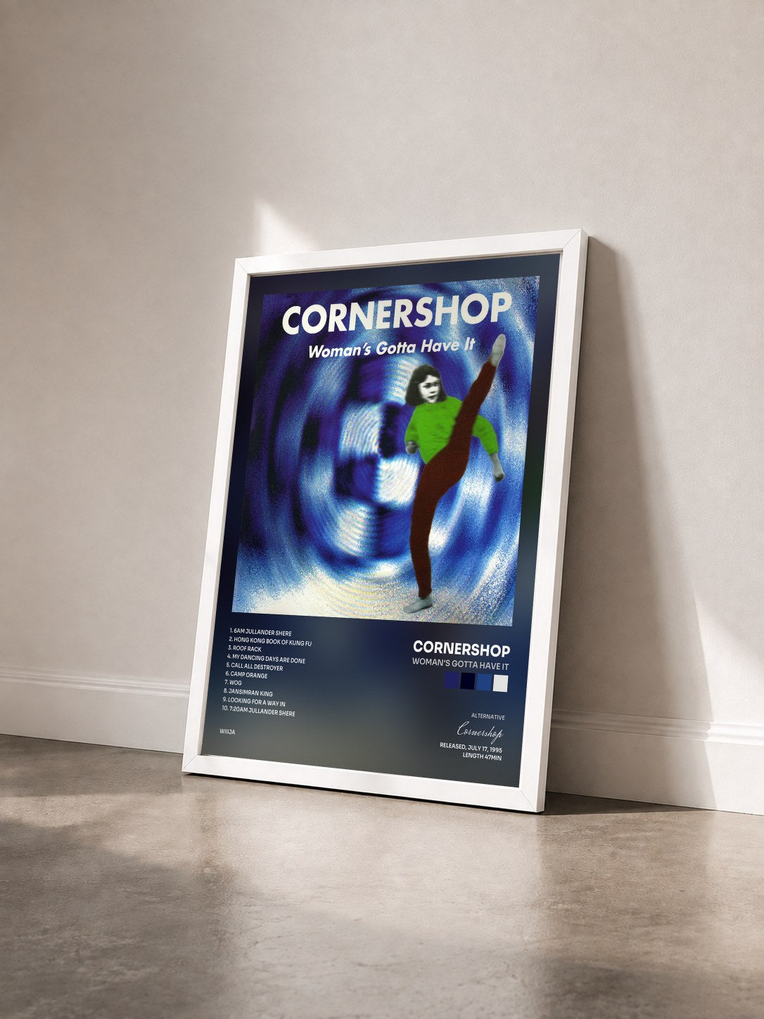 #blanc Tableau de l'album Woman's Gotta Have It de Cornershop vu de trois quarts, cadre blanc