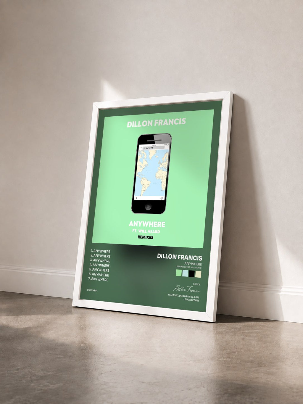 #blanc Tableau de l'album Anywhere (Remixes) (feat. Will Heard) de Dillon Francis vu de trois quarts, cadre blanc