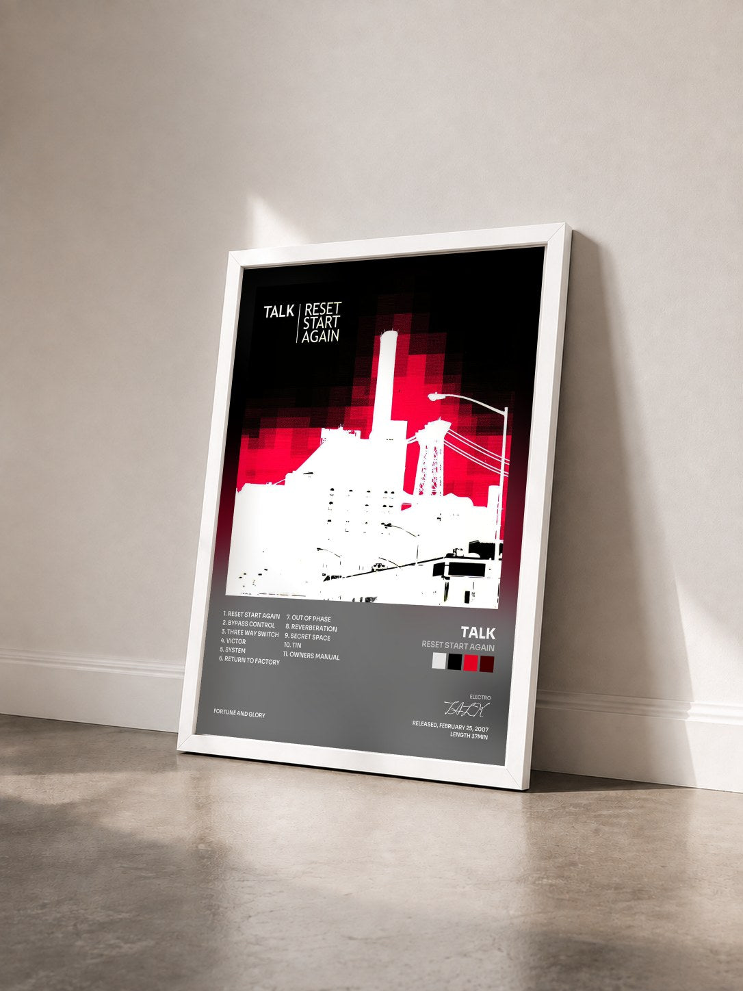 #blanc Tableau de l'album Reset Start Again de TALK vu de trois quarts, cadre blanc