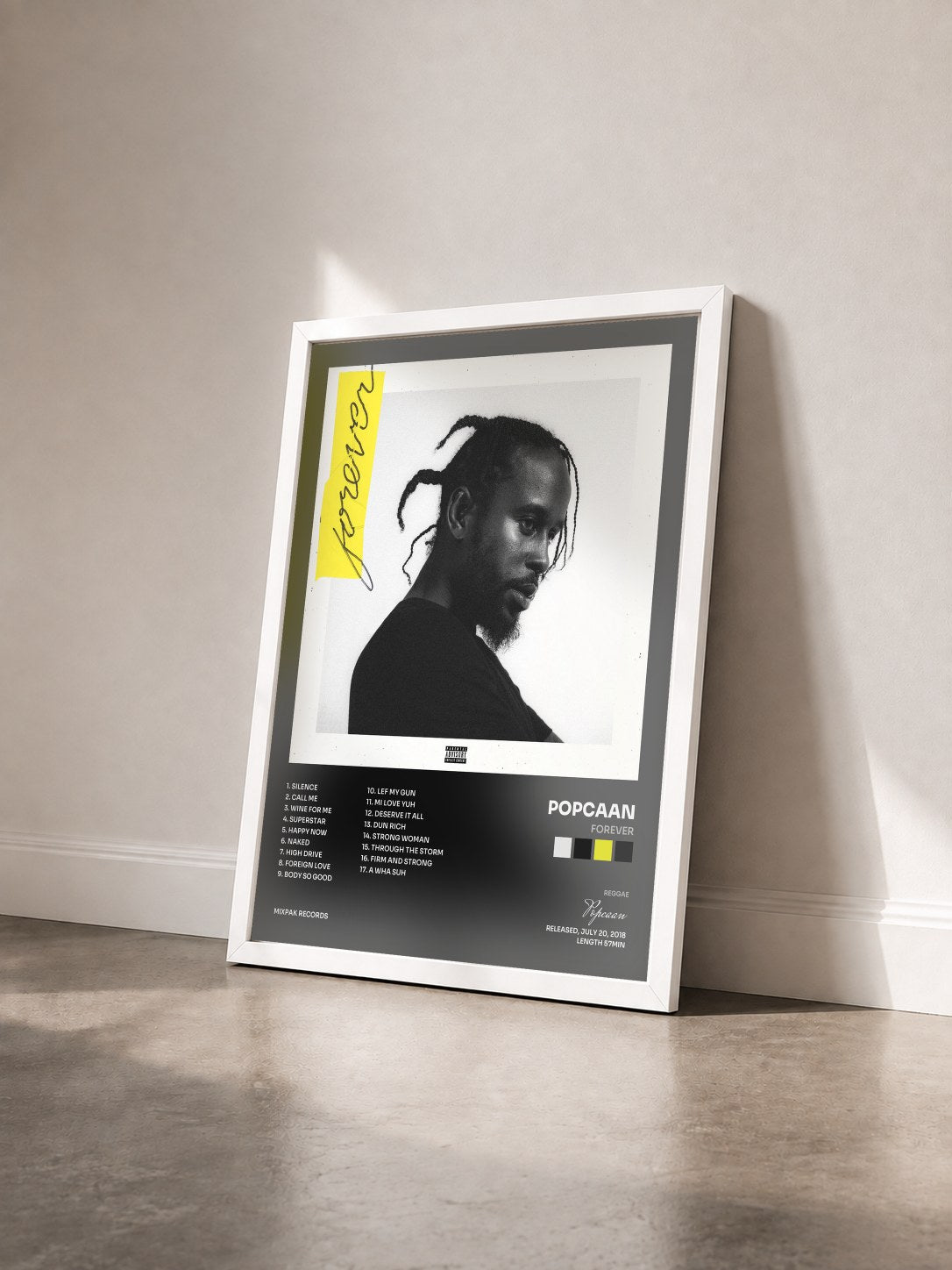 #blanc Tableau de l'album Forever de Popcaan vu de trois quarts, cadre blanc
