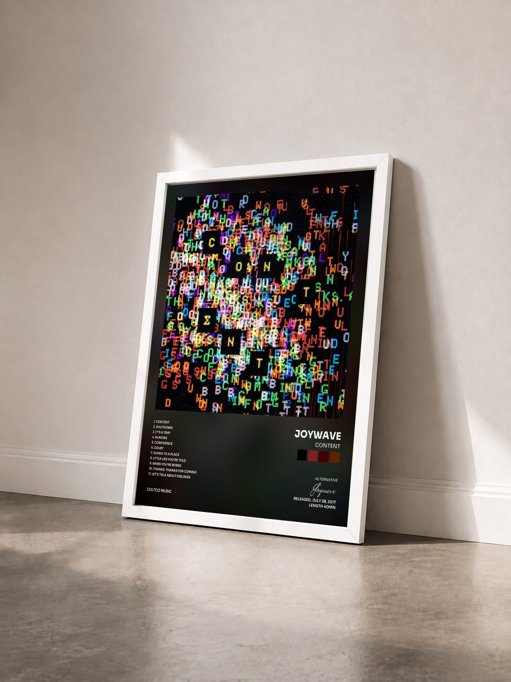 #blanc Tableau de l'album Content de Joywave vu de trois quarts, cadre blanc