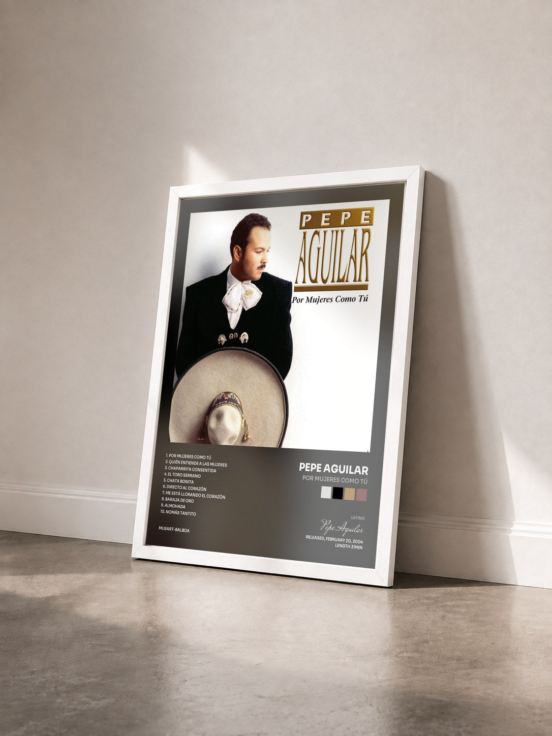 #blanc Tableau de l'album Por Mujeres Como Tú de Pepe Aguilar vu de trois quarts, cadre blanc