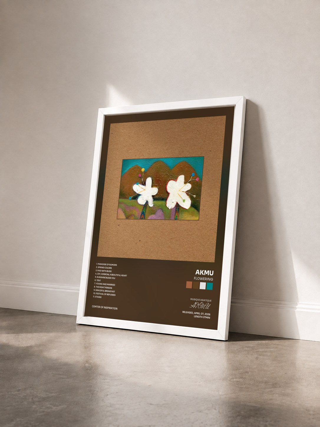 #blanc Tableau de l'album FLOWERING de AKMU vu de trois quarts, cadre blanc