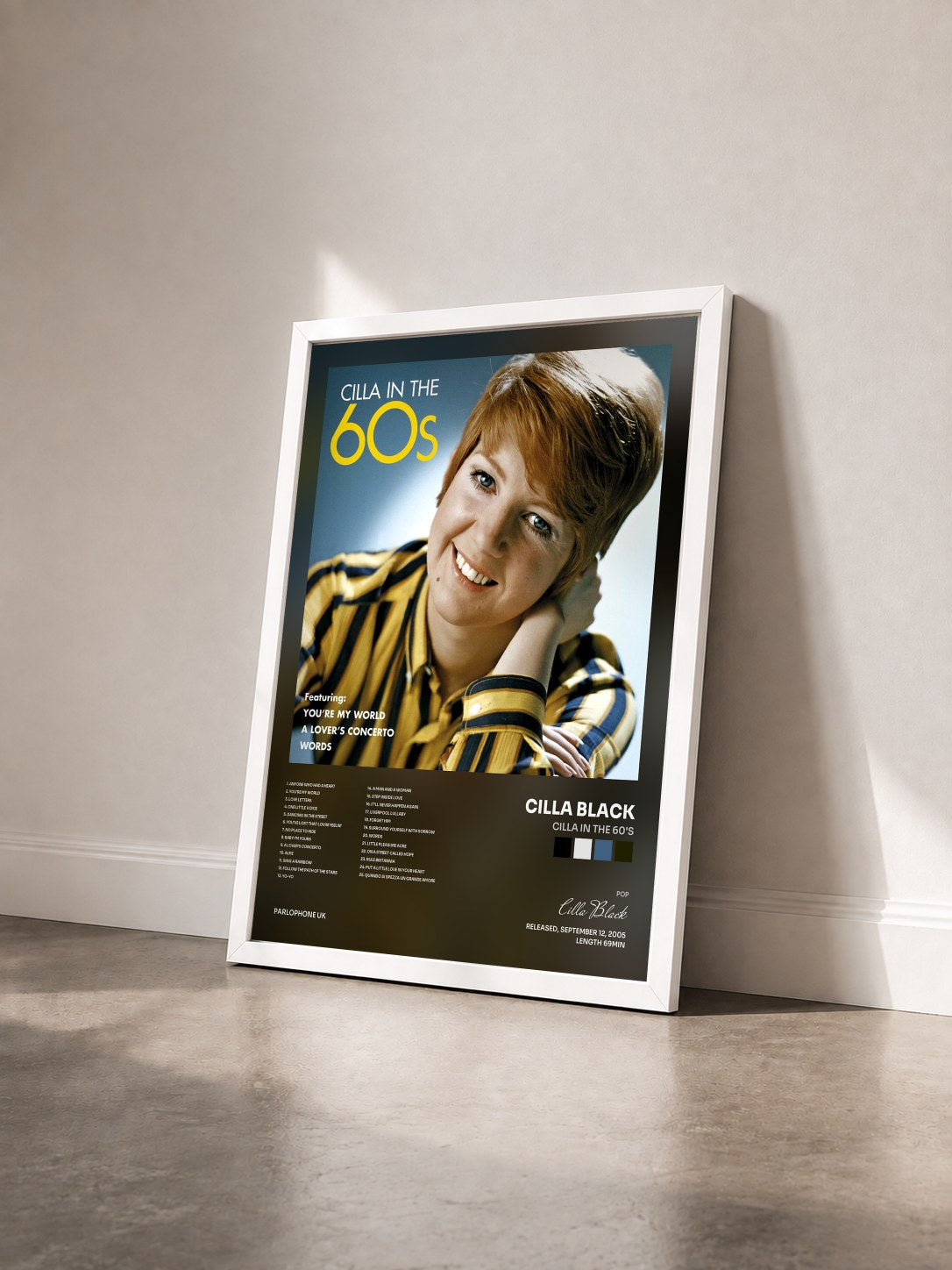#blanc Tableau de l'album Cilla in the 60's de Cilla Black vu de trois quarts, cadre blanc