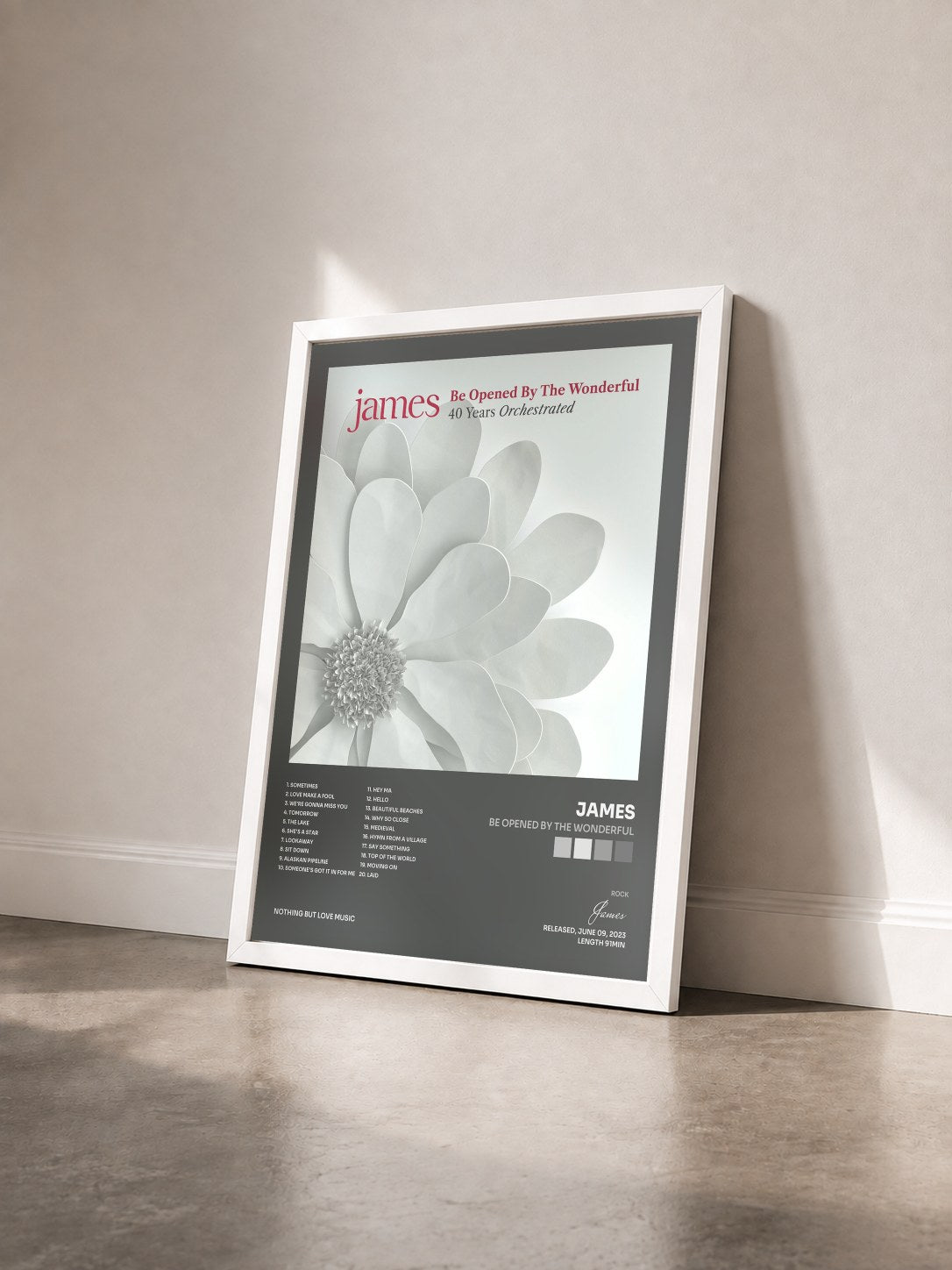 #blanc Tableau de l'album Be Opened By The Wonderful de James vu de trois quarts, cadre blanc