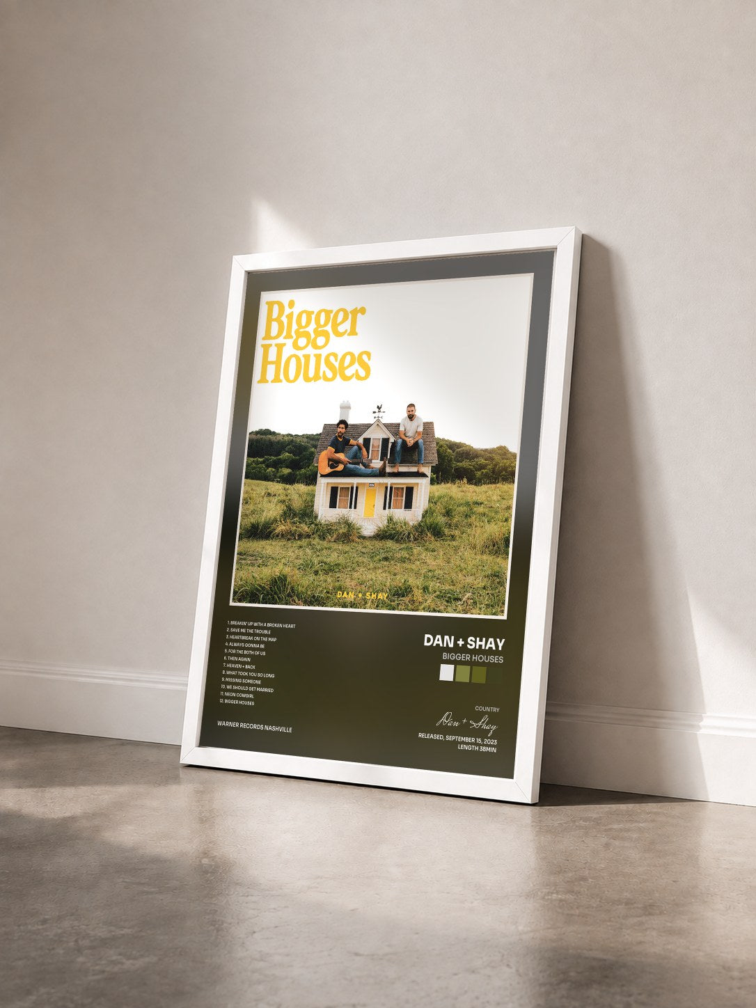 #blanc Tableau de l'album Bigger Houses de Dan + Shay vu de trois quarts, cadre blanc