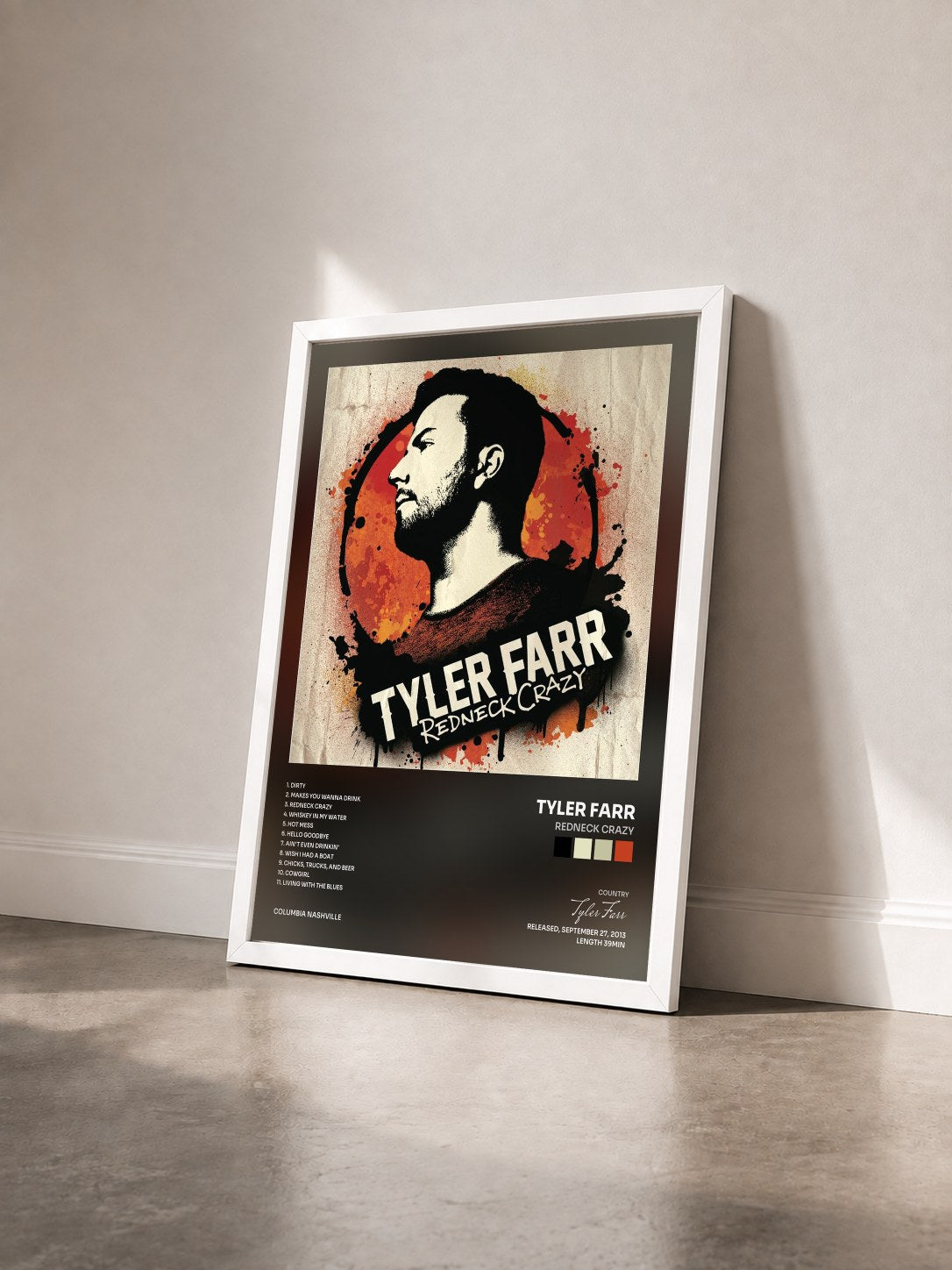 #blanc Tableau de l'album Redneck Crazy de Tyler Farr vu de trois quarts, cadre blanc