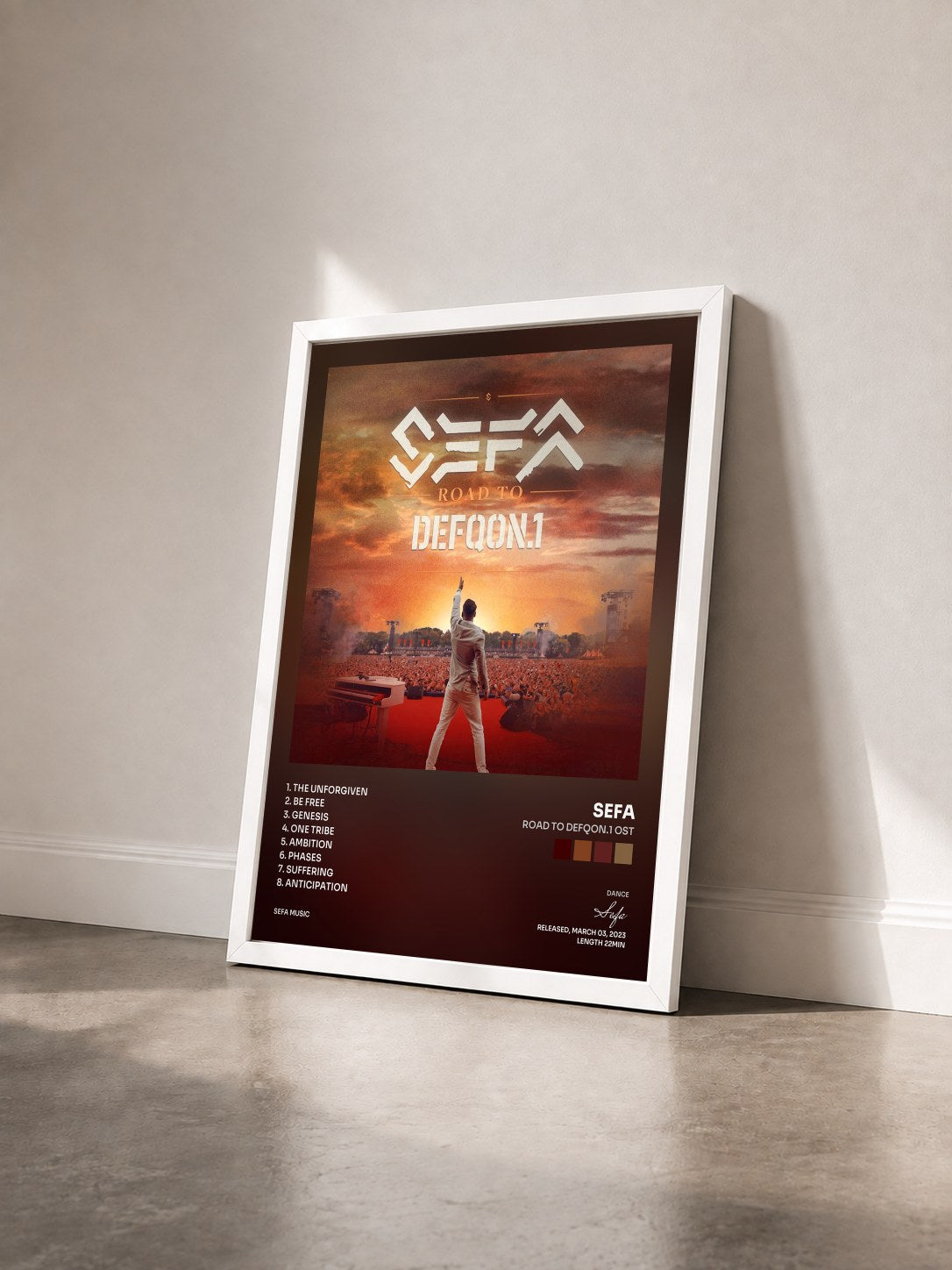 #blanc Tableau de l'album Road To Defqon.1 OST de Sefa vu de trois quarts, cadre blanc