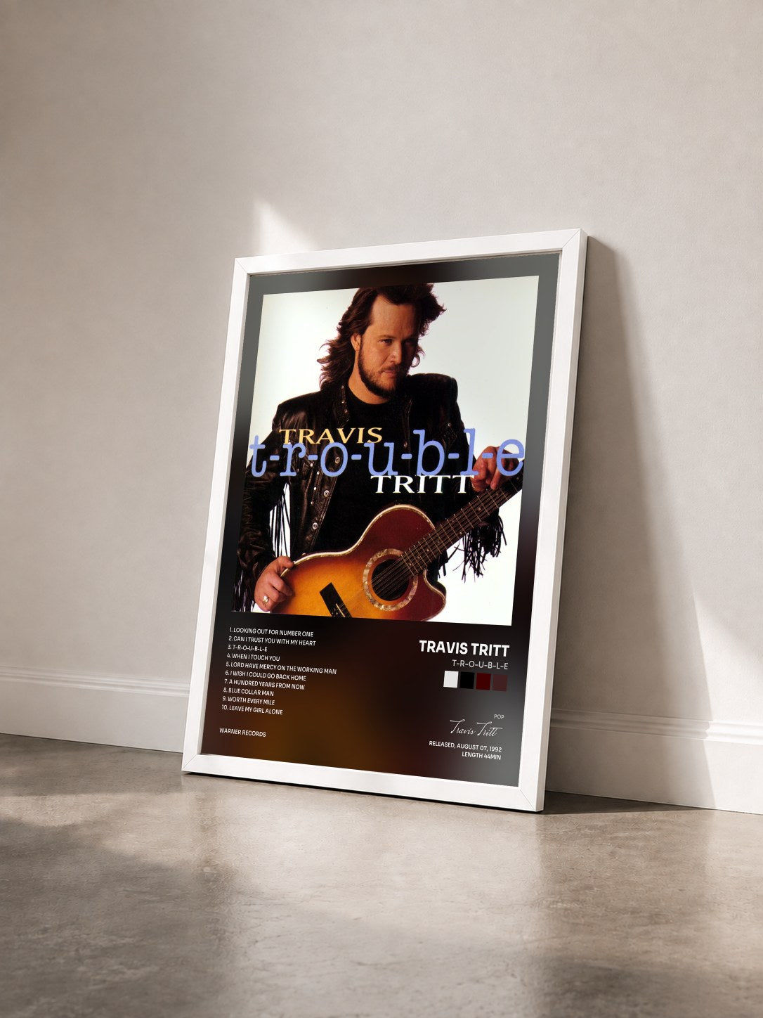 #blanc Tableau de l'album T-R-O-U-B-L-E de Travis Tritt vu de trois quarts, cadre blanc