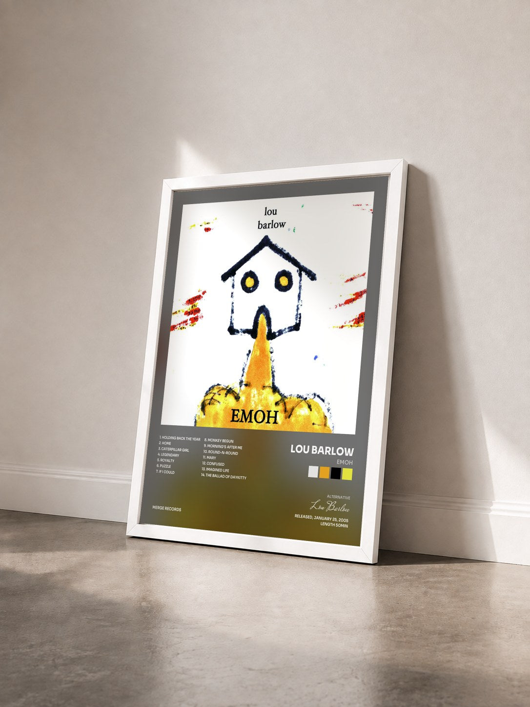 #blanc Tableau de l'album Emoh de Lou Barlow vu de trois quarts, cadre blanc