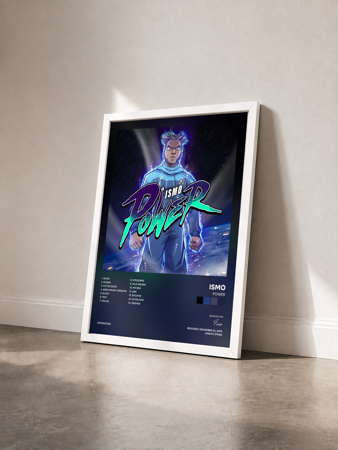 #blanc Tableau de l'album Power de Ismo vu de trois quarts, cadre blanc
