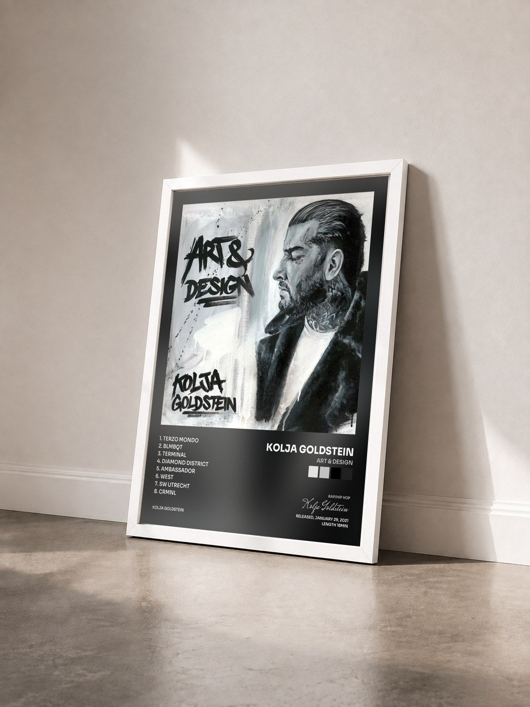 #blanc Tableau de l'album Art & Design de Kolja Goldstein vu de trois quarts, cadre blanc
