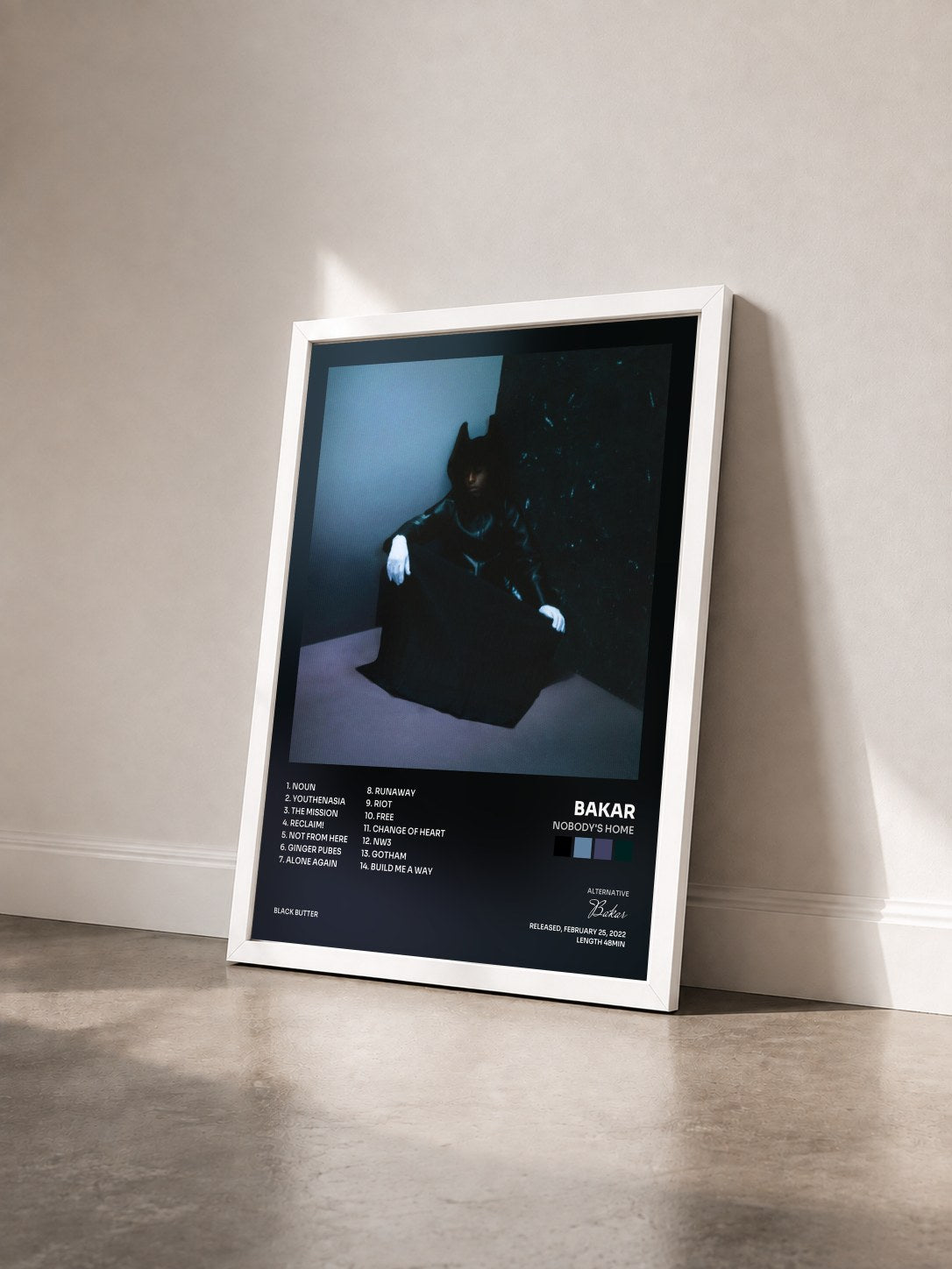 #blanc Tableau de l'album Nobody's Home de Bakar vu de trois quarts, cadre blanc