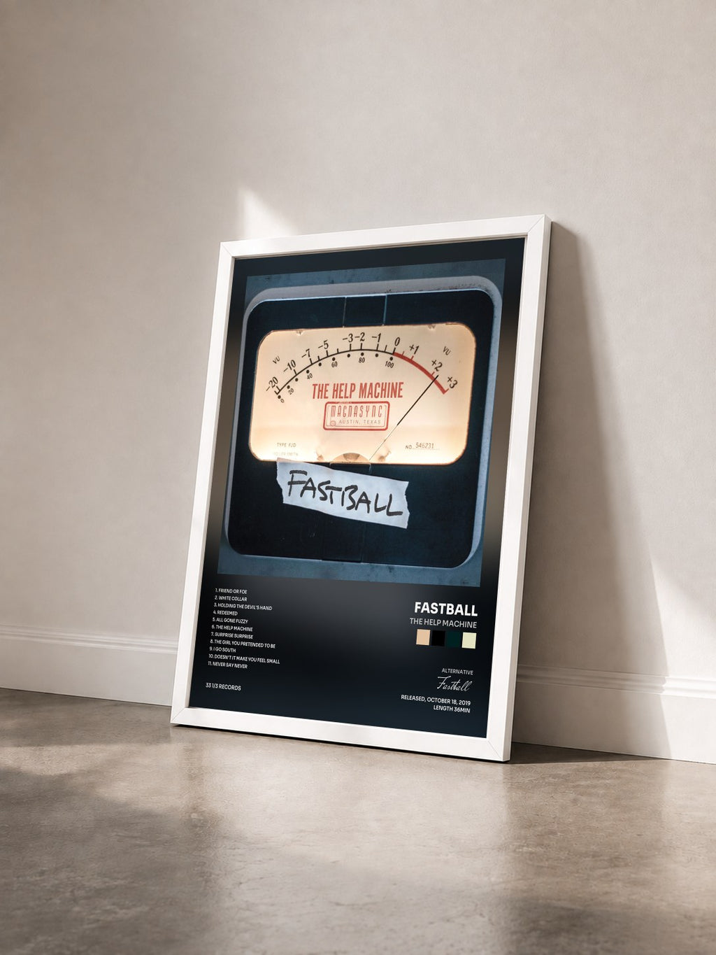 #blanc The Help Machine by Fastball as a framed art print seen at an angle, white frame