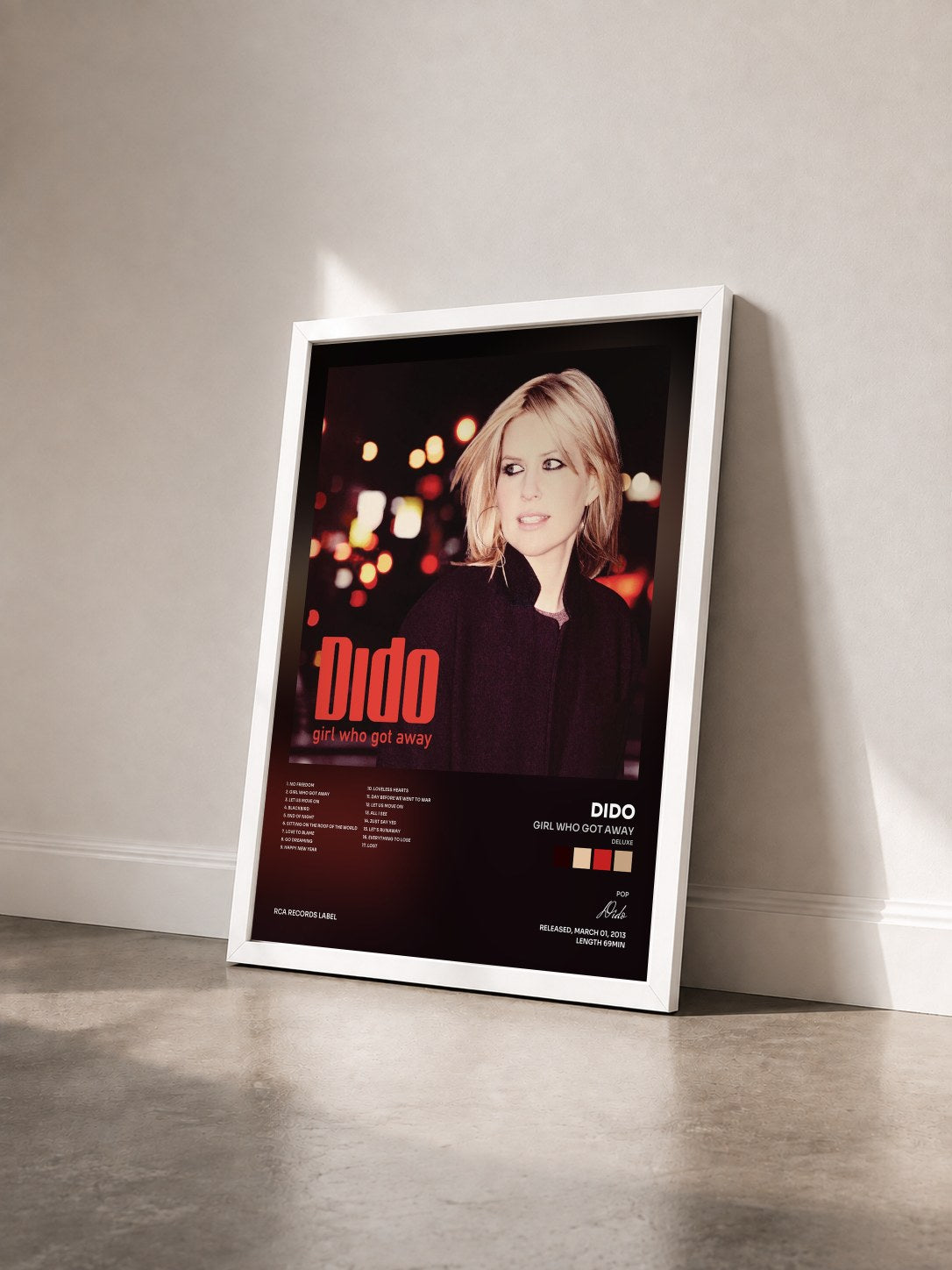 #blanc Tableau de l'album Girl Who Got Away (Deluxe) de Dido vu de trois quarts, cadre blanc