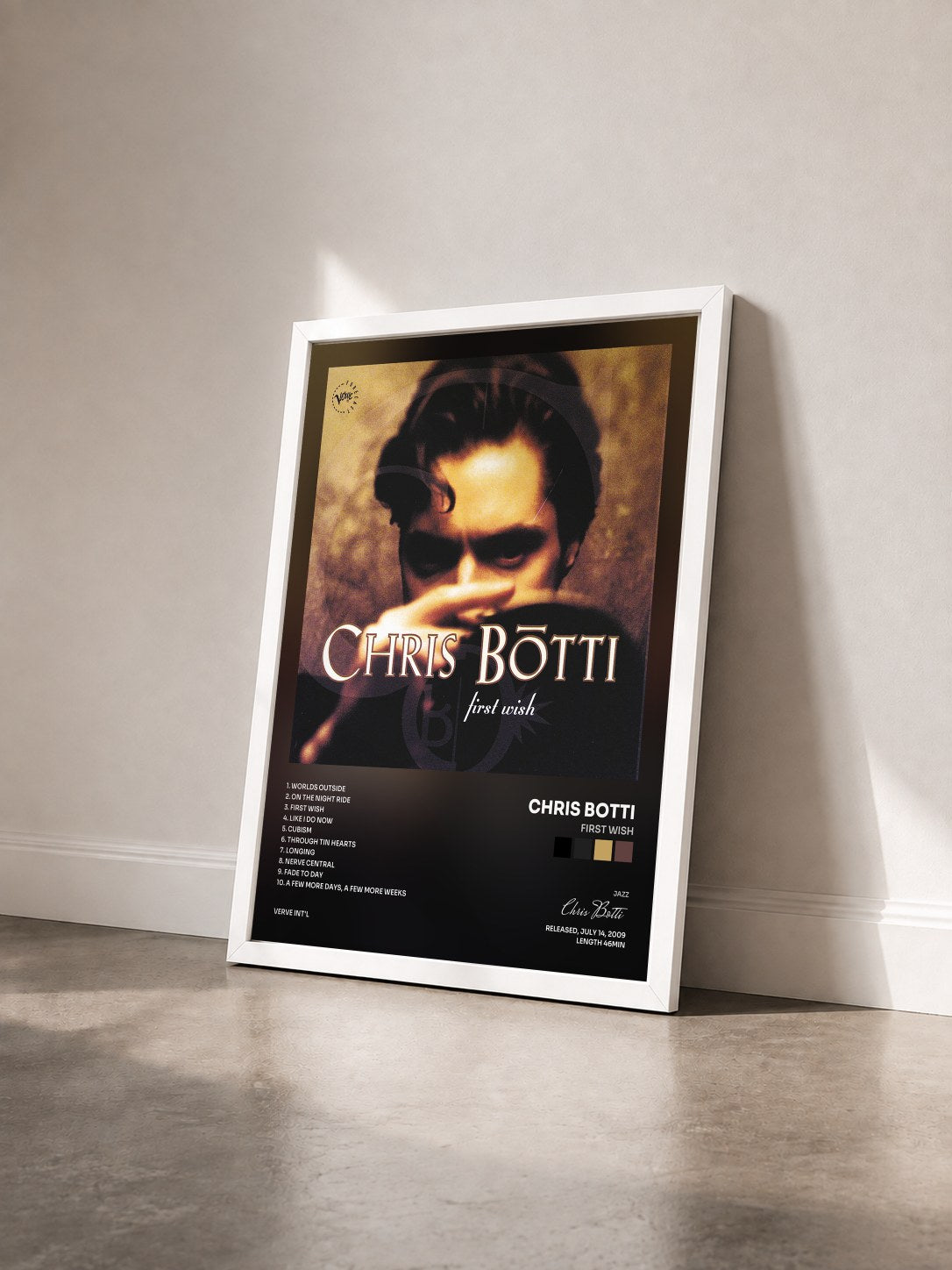 #blanc Tableau de l'album First Wish de Chris Botti vu de trois quarts, cadre blanc