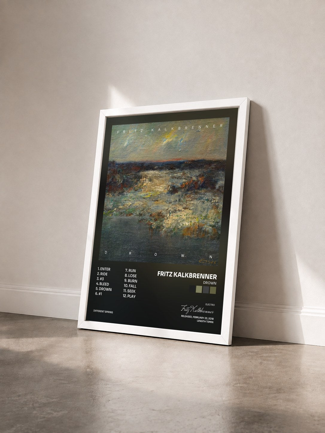 #blanc Tableau de l'album Drown de Fritz Kalkbrenner vu de trois quarts, cadre blanc