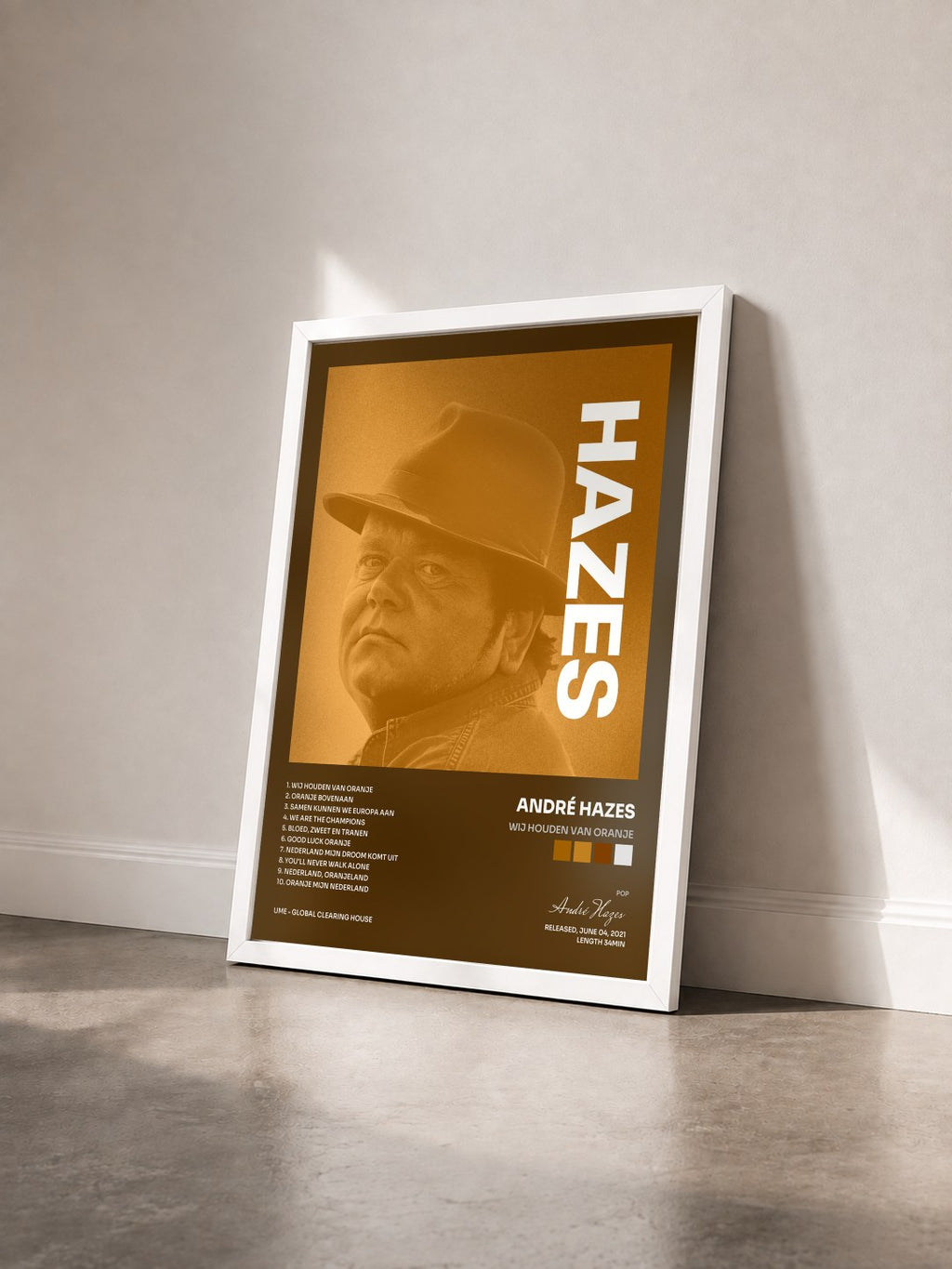 #blanc Tableau de l'album Wij Houden Van Oranje de André Hazes vu de trois quarts, cadre blanc