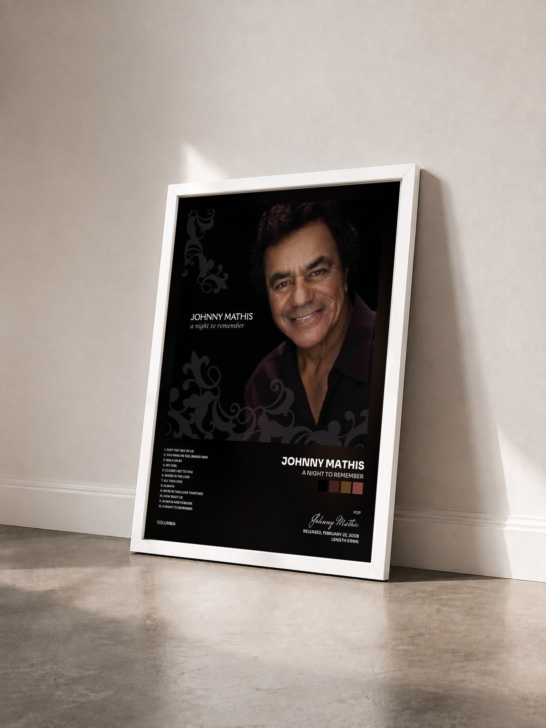 #blanc Tableau de l'album A Night To Remember de Johnny Mathis vu de trois quarts, cadre blanc
