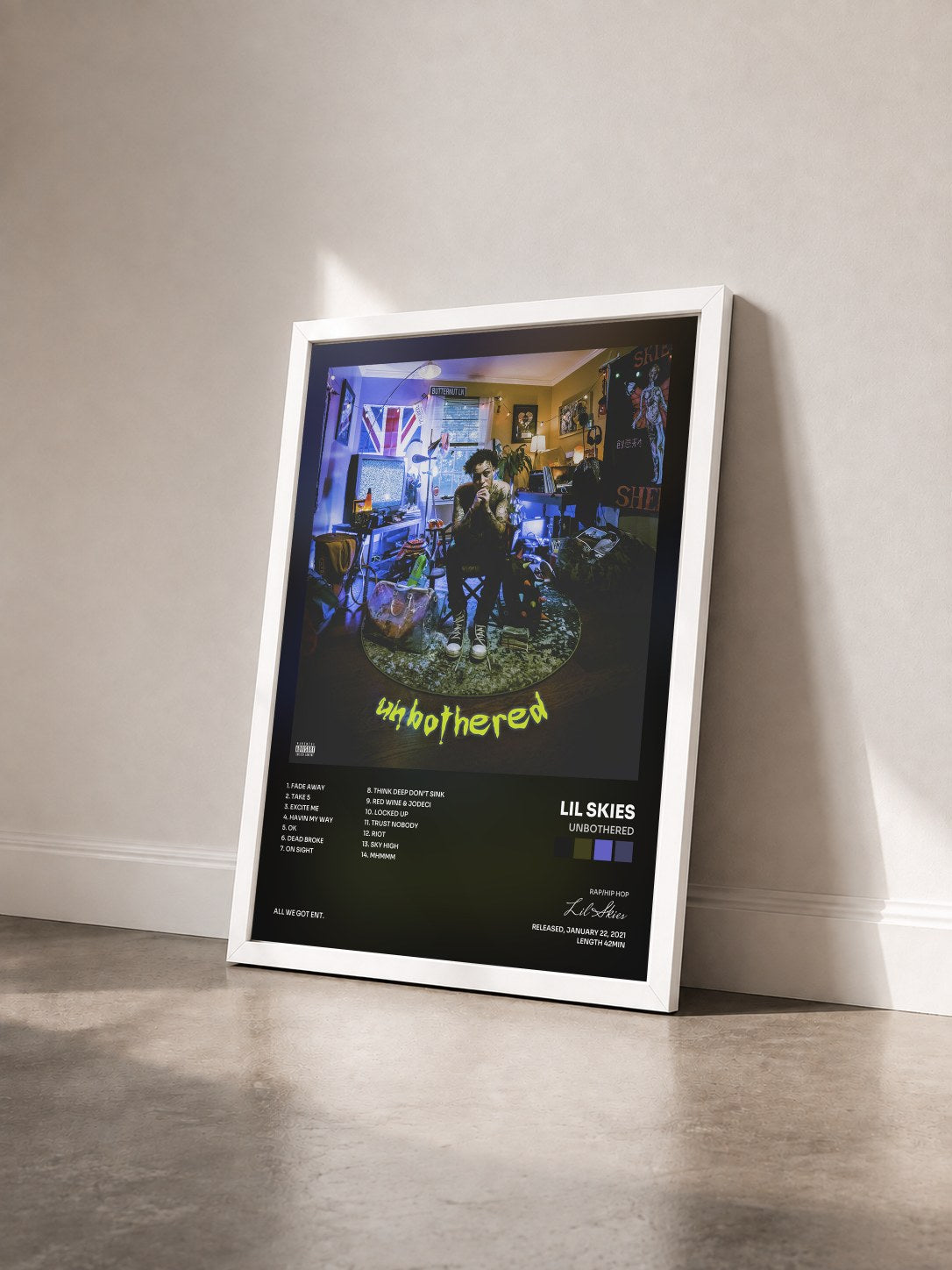 #blanc Tableau de l'album Unbothered de Lil Skies vu de trois quarts, cadre blanc