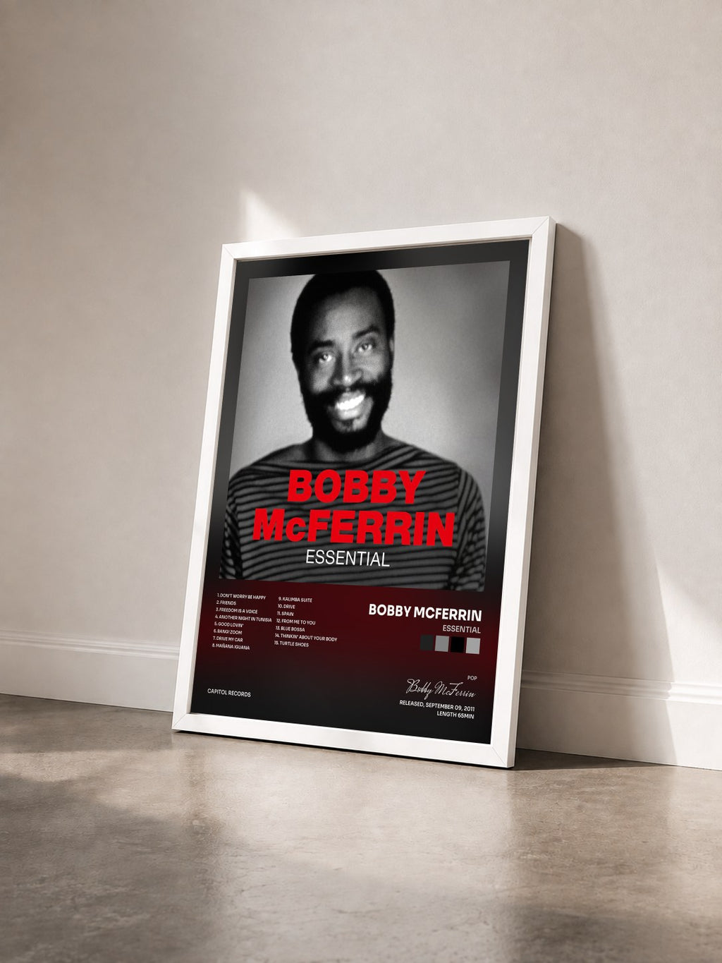 #blanc Essential by Bobby McFerrin as a framed art print seen at an angle, white frame