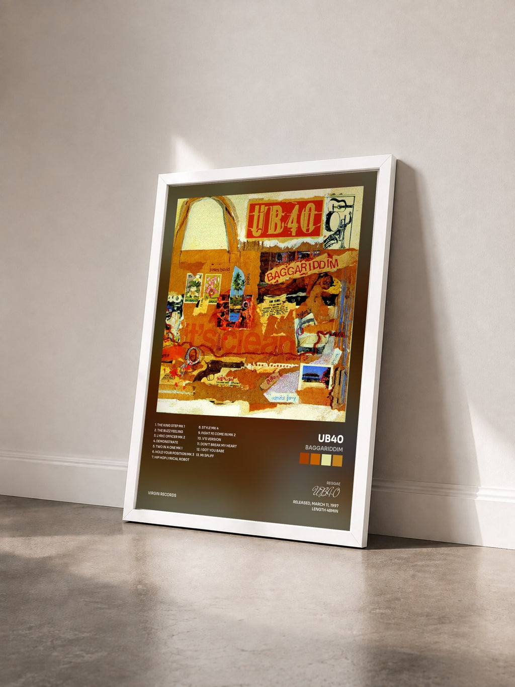#blanc Tableau de l'album Baggariddim de UB40 vu de trois quarts, cadre blanc