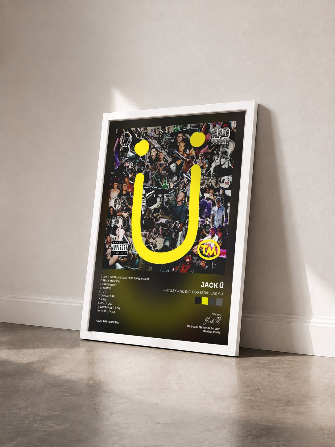 #blanc Tableau de l'album Skrillex and Diplo present Jack Ü de Jack Ü vu de trois quarts, cadre blanc