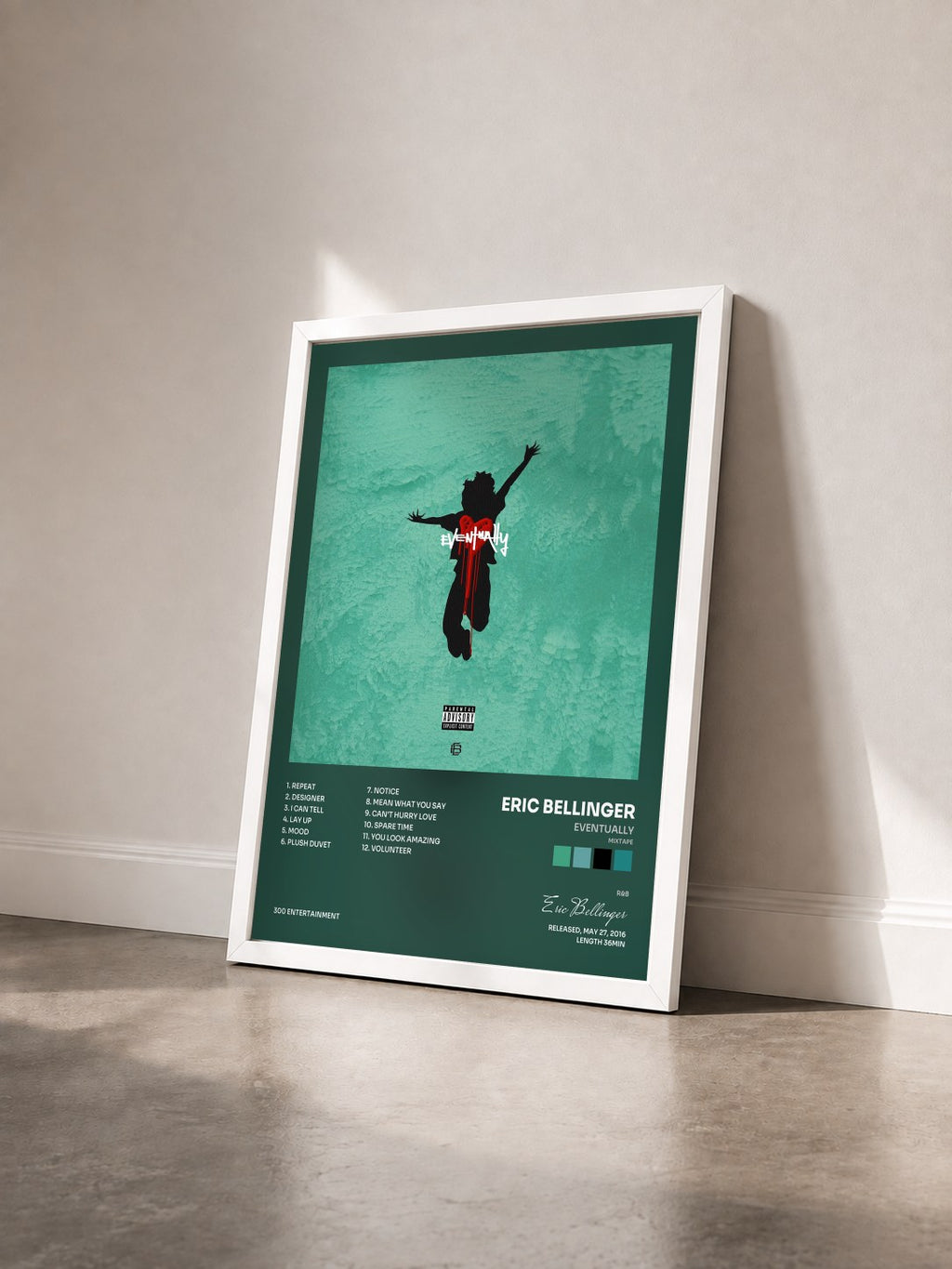#blanc Eventually (Mixtape) by Eric Bellinger as a framed art print seen at an angle, white frame