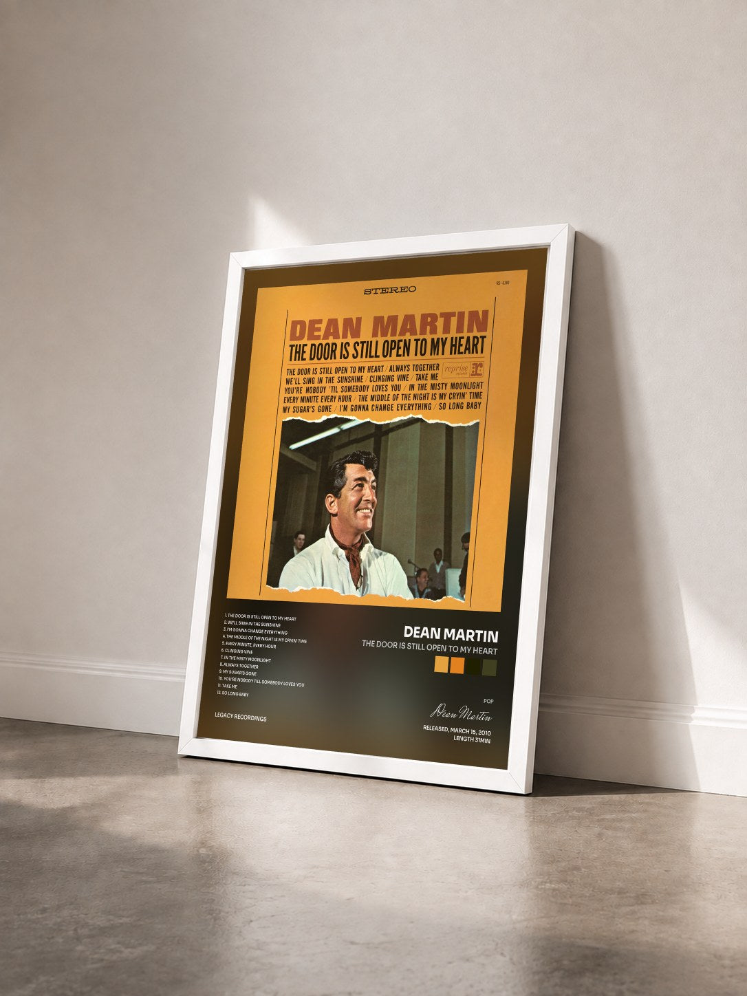 #blanc Tableau de l'album The Door Is Still Open to My Heart de Dean Martin vu de trois quarts, cadre blanc
