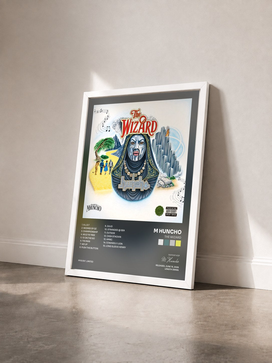 #blanc Tableau de l'album THE WIZARD de M Huncho vu de trois quarts, cadre blanc