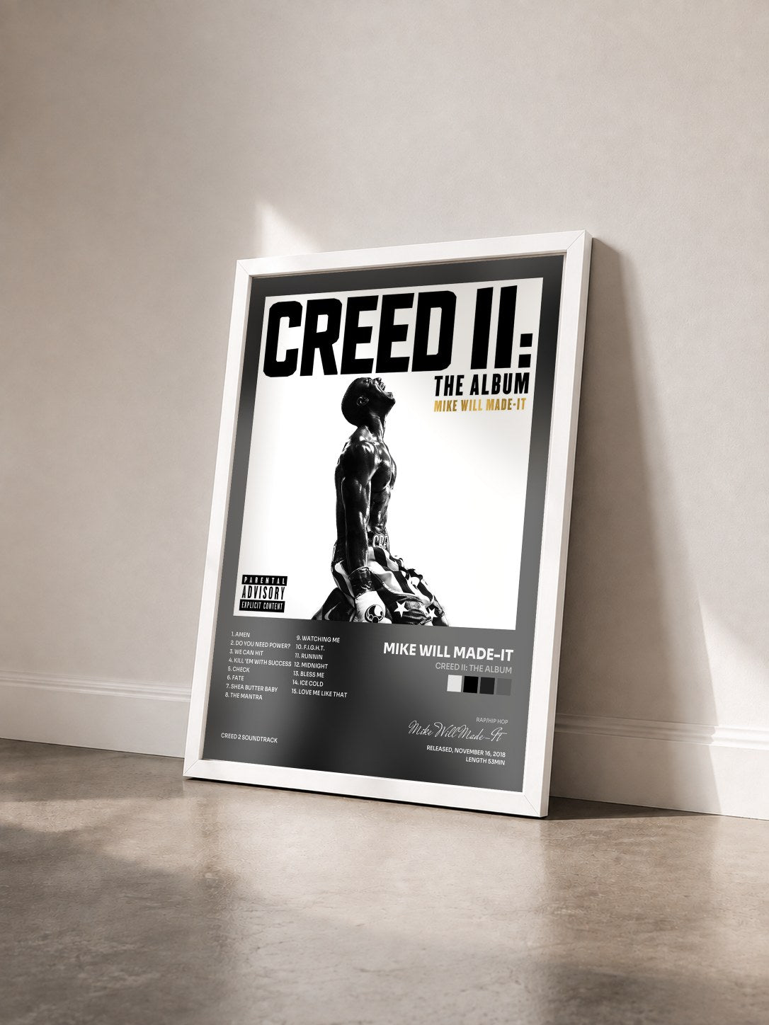#blanc Tableau de l'album Creed II: The Album de Mike Will Made-It vu de trois quarts, cadre blanc