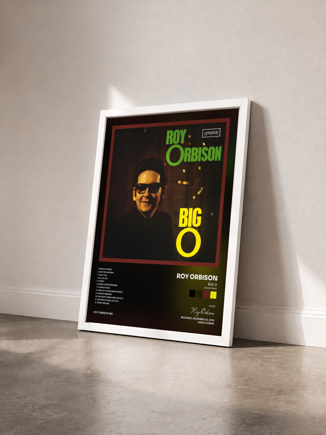 #blanc Tableau de l'album Big O (Remastered) de Roy Orbison vu de trois quarts, cadre blanc
