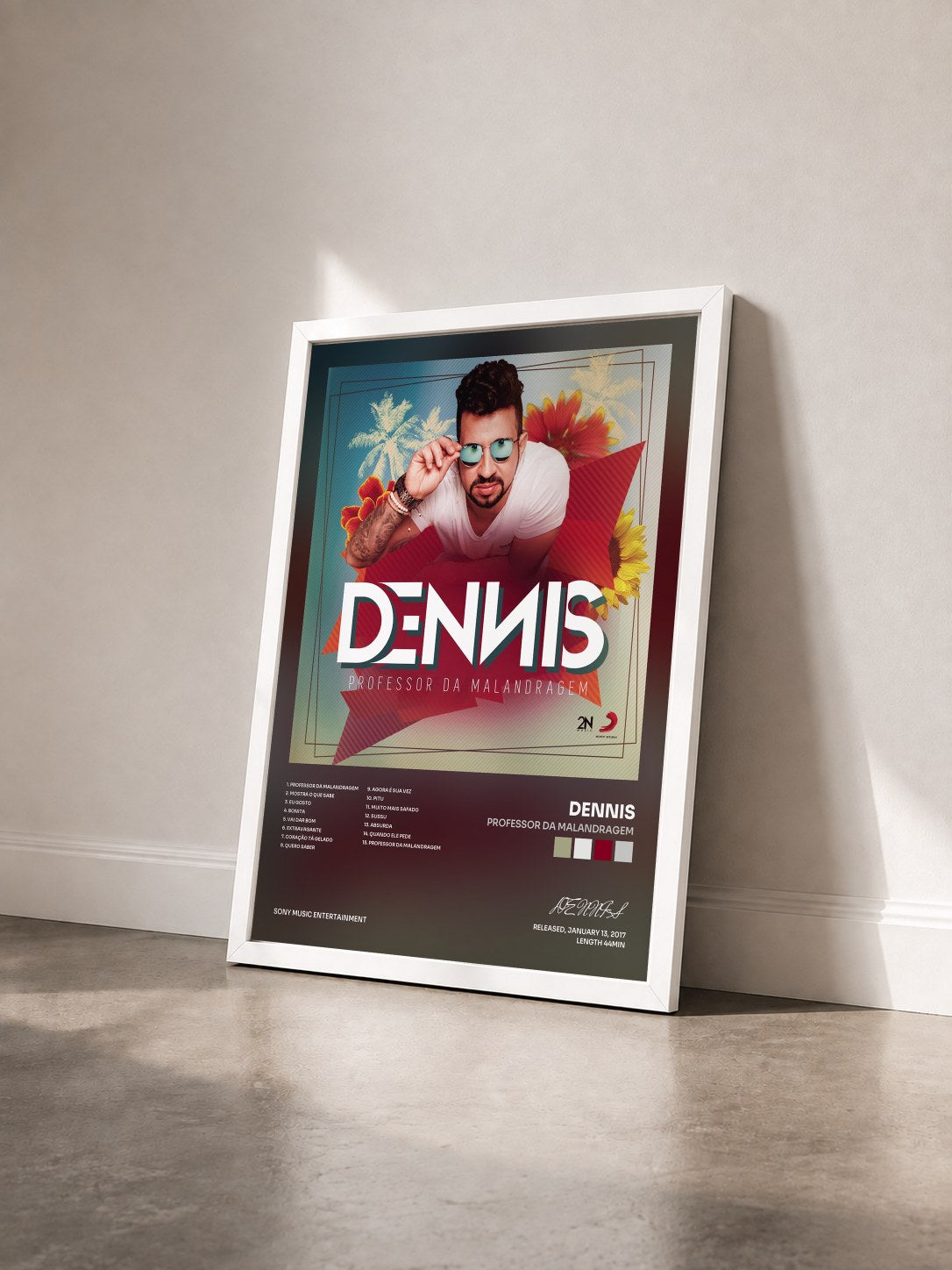 #blanc Tableau de l'album Professor Da Malandragem de DENNIS vu de trois quarts, cadre blanc