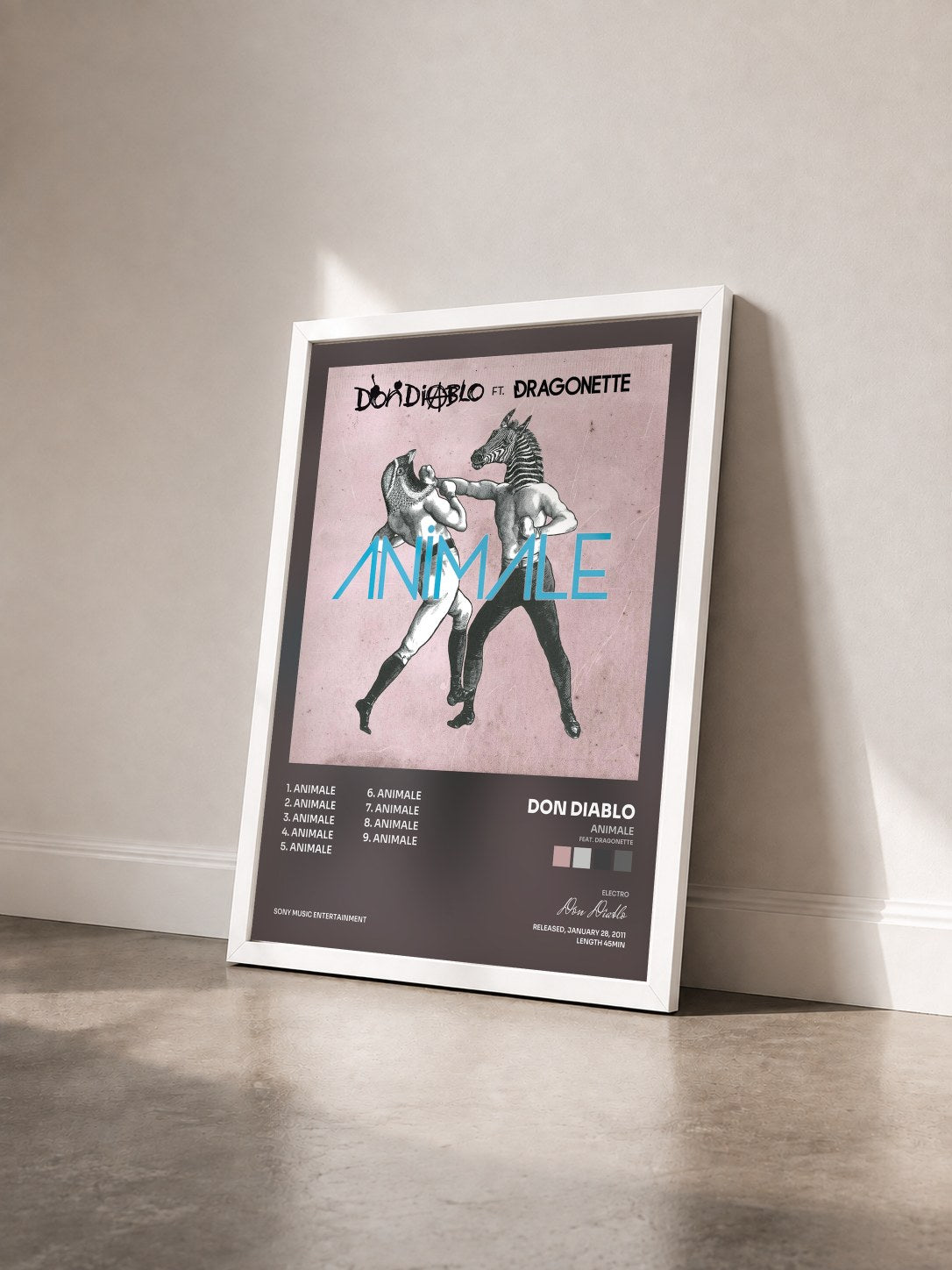 #blanc Tableau de l'album Animale (feat. Dragonette) de Don Diablo vu de trois quarts, cadre blanc