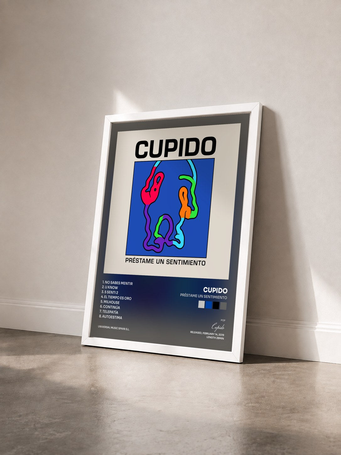 #blanc Tableau de l'album Préstame Un Sentimiento de Cupido vu de trois quarts, cadre blanc