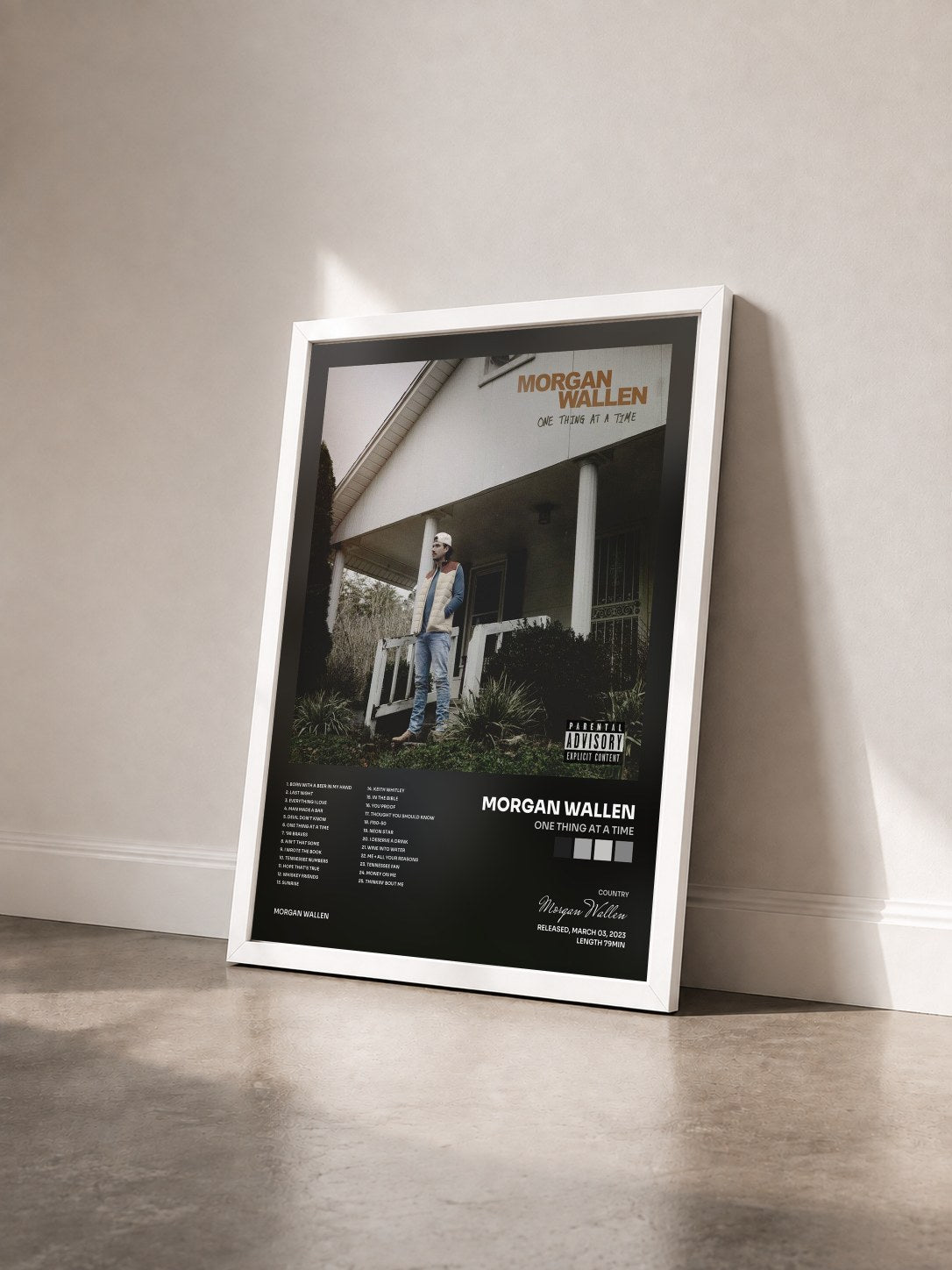 #blanc Tableau de l'album One Thing At A Time de Morgan Wallen vu de trois quarts, cadre blanc