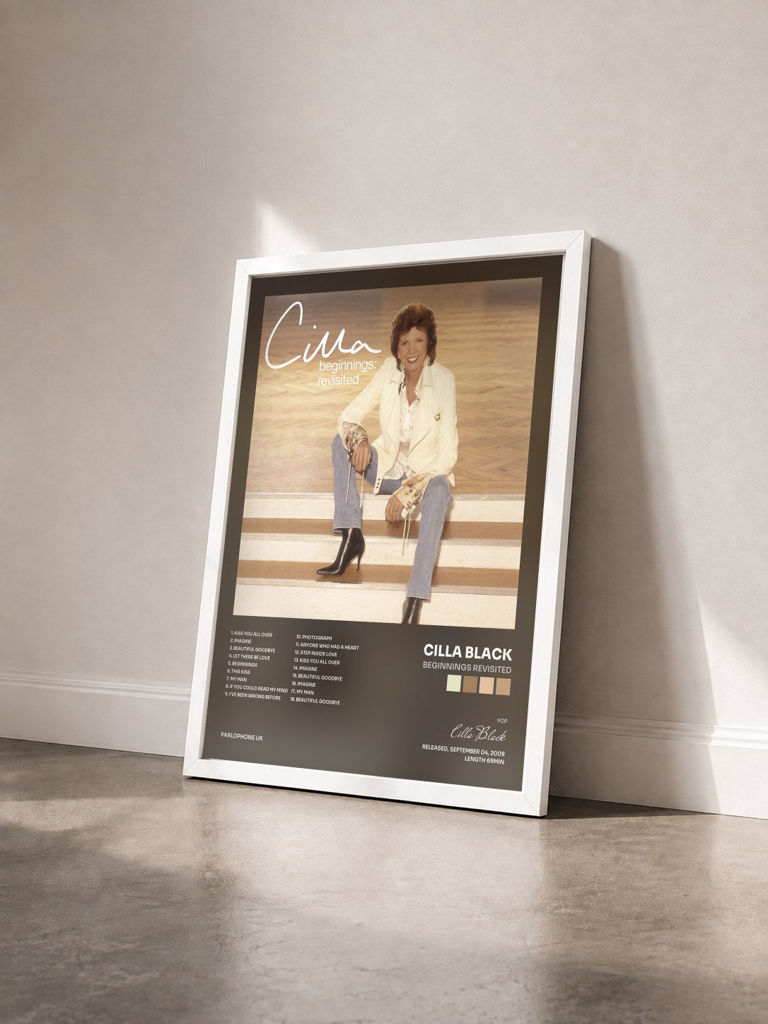 #blanc Tableau de l'album Beginnings Revisited de Cilla Black vu de trois quarts, cadre blanc
