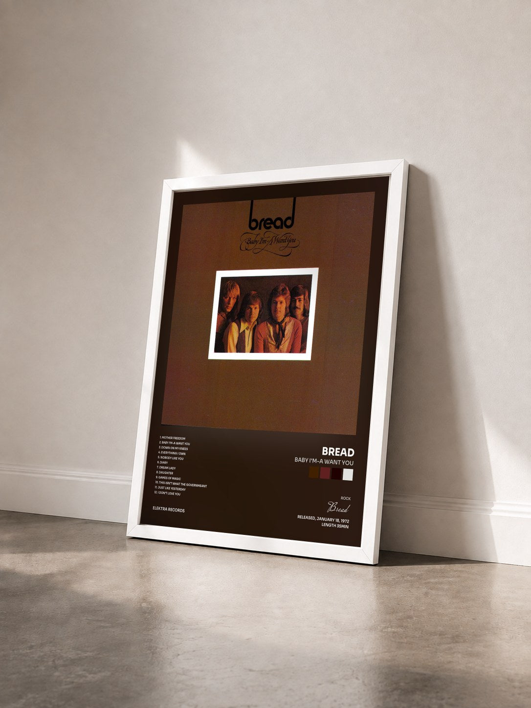 #blanc Tableau de l'album Baby I'm-a Want You de Bread vu de trois quarts, cadre blanc