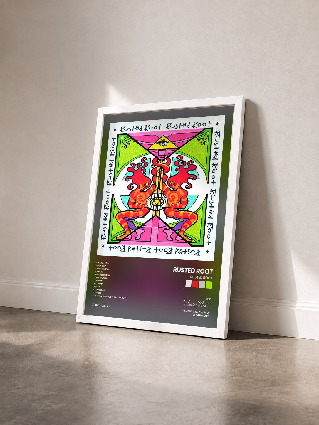 #blanc Tableau de l'album Rusted Root de Rusted Root vu de trois quarts, cadre blanc