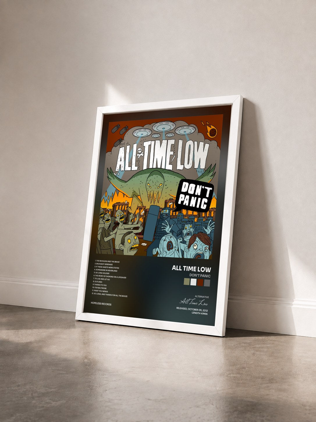 #blanc Tableau de l'album Don't Panic de All Time Low vu de trois quarts, cadre blanc