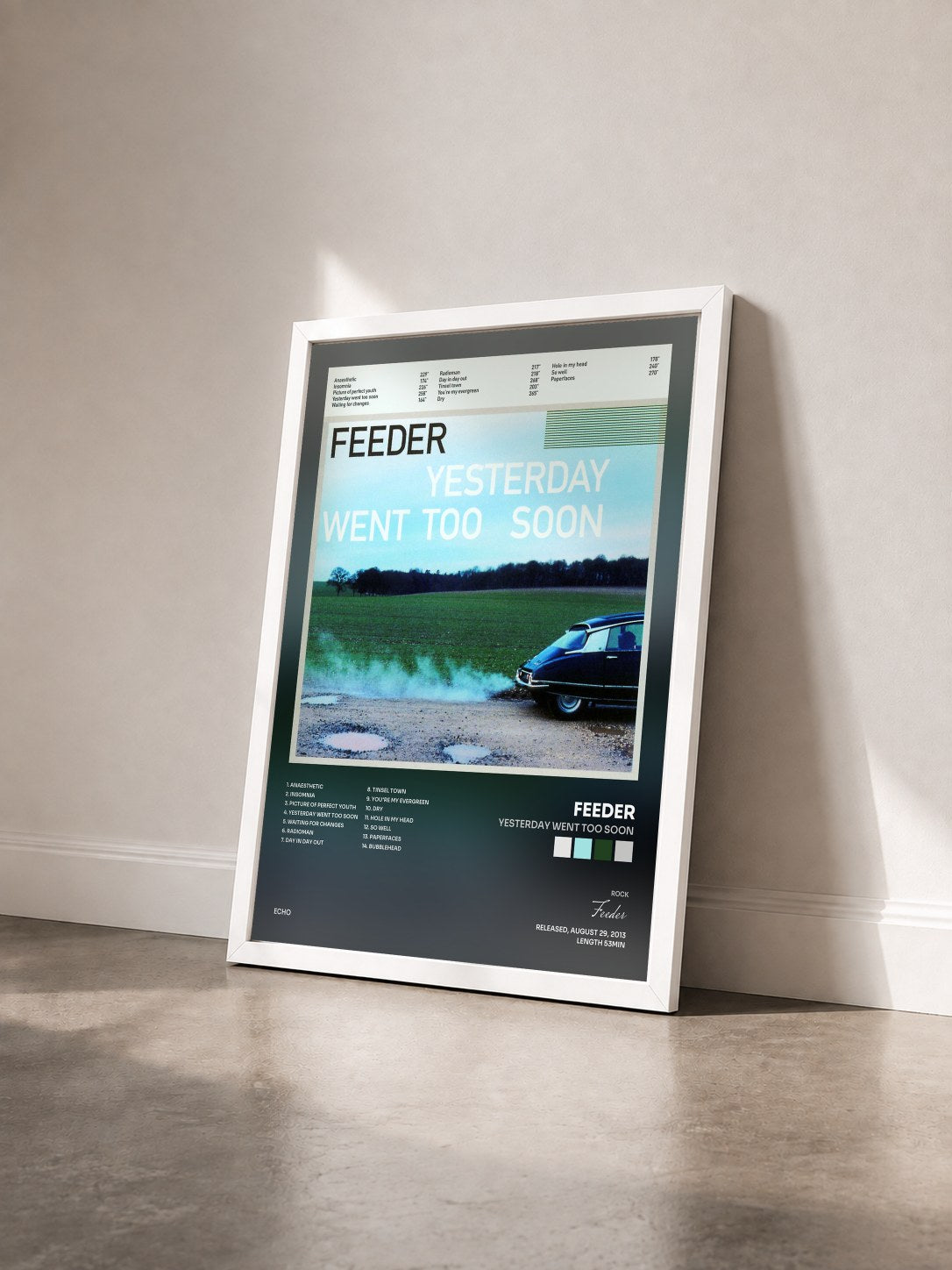 #blanc Tableau de l'album Yesterday Went Too Soon de Feeder vu de trois quarts, cadre blanc