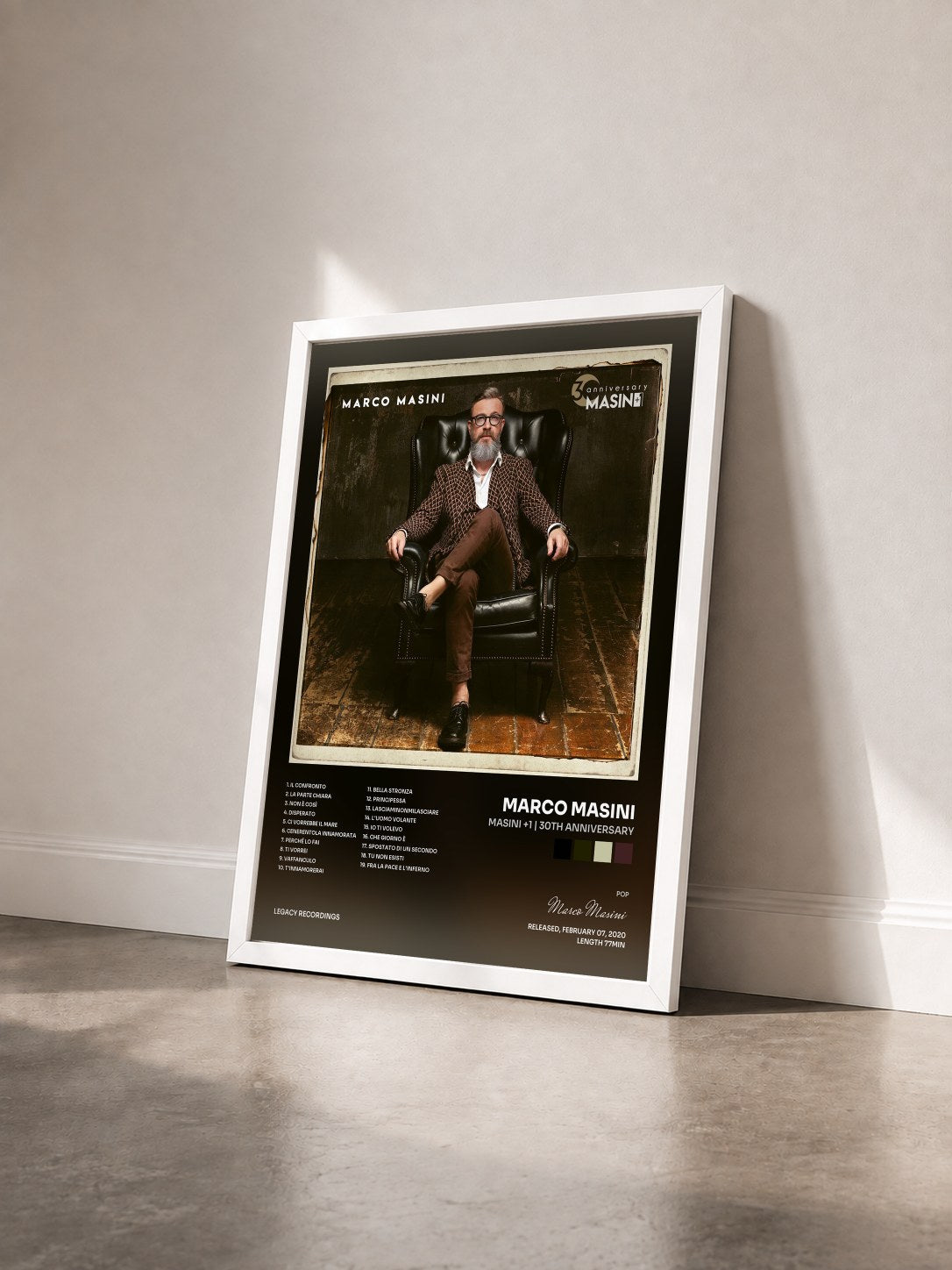 #blanc Tableau de l'album Masini +1 | 30th Anniversary de Marco Masini vu de trois quarts, cadre blanc