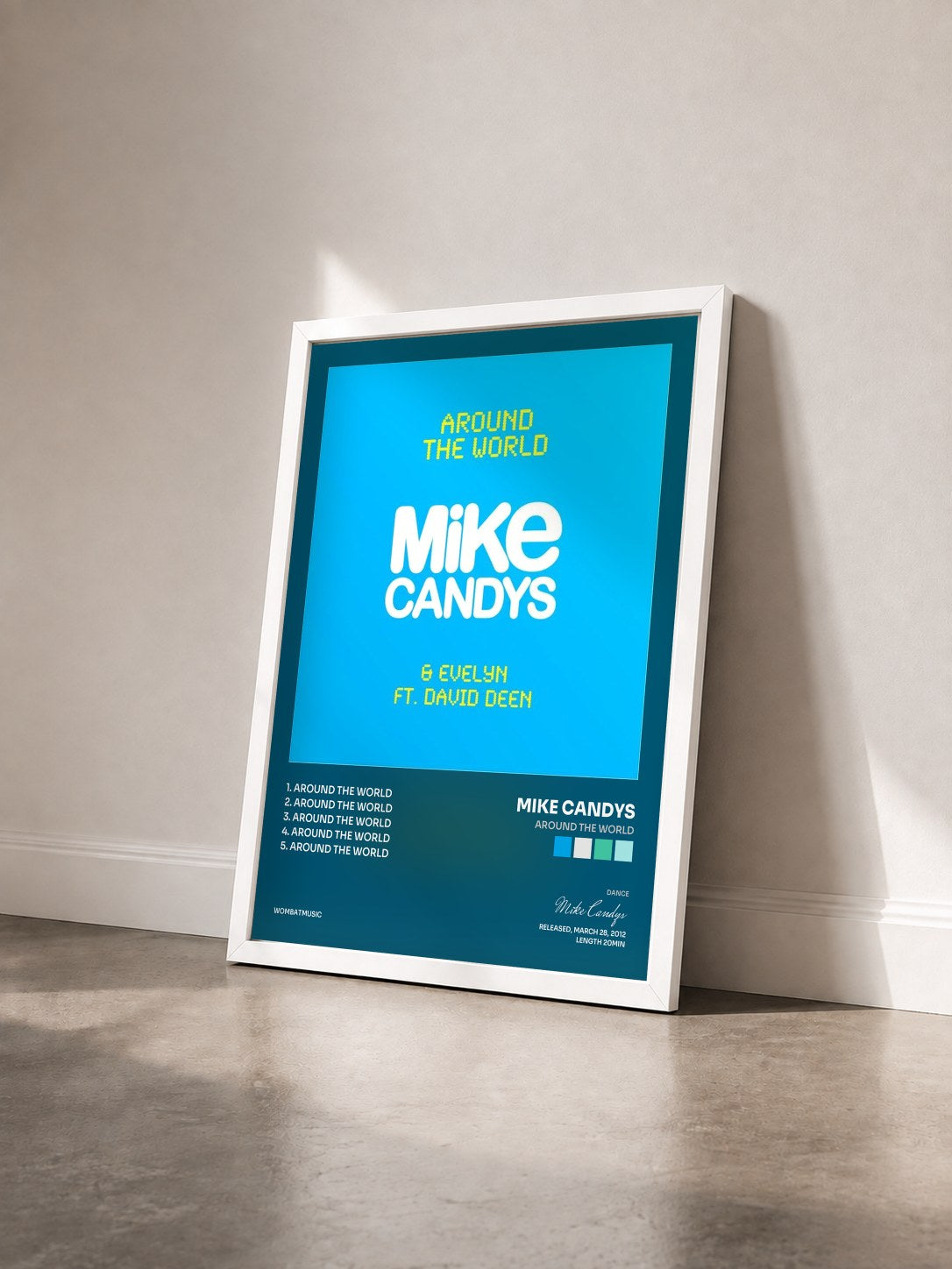 #blanc Tableau de l'album Around the World de Mike Candys vu de trois quarts, cadre blanc