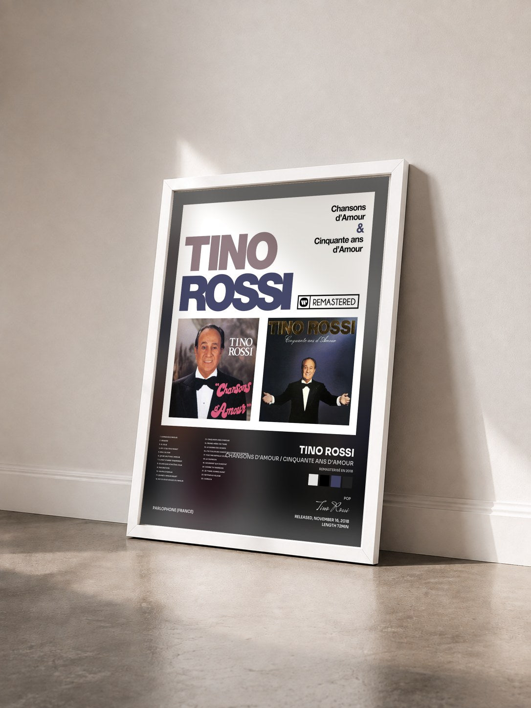 #blanc Tableau de l'album Chansons d'amour / Cinquante ans d'amour (Remasterisé en 2018) de Tino Rossi vu de trois quarts, cadre blanc